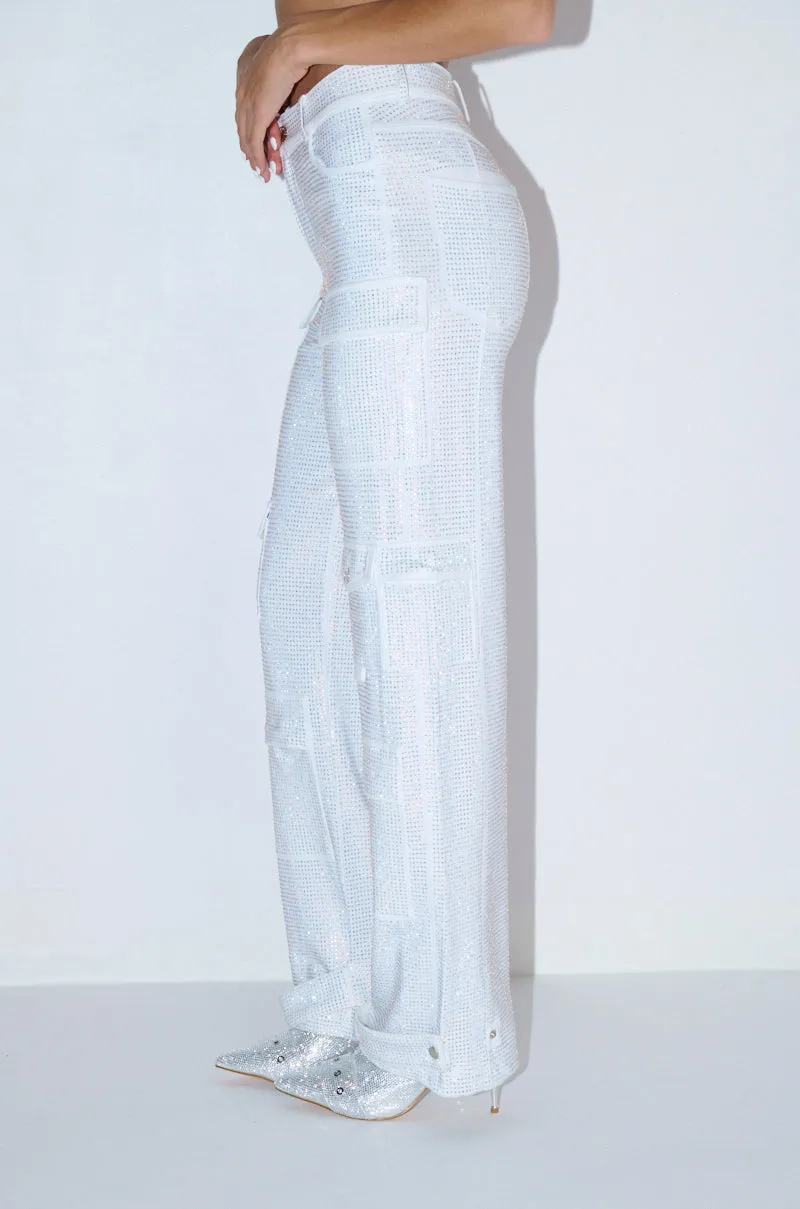 AMMO BONNE SOIREE RHINESTONE CARGO PANTS IN WHITE
