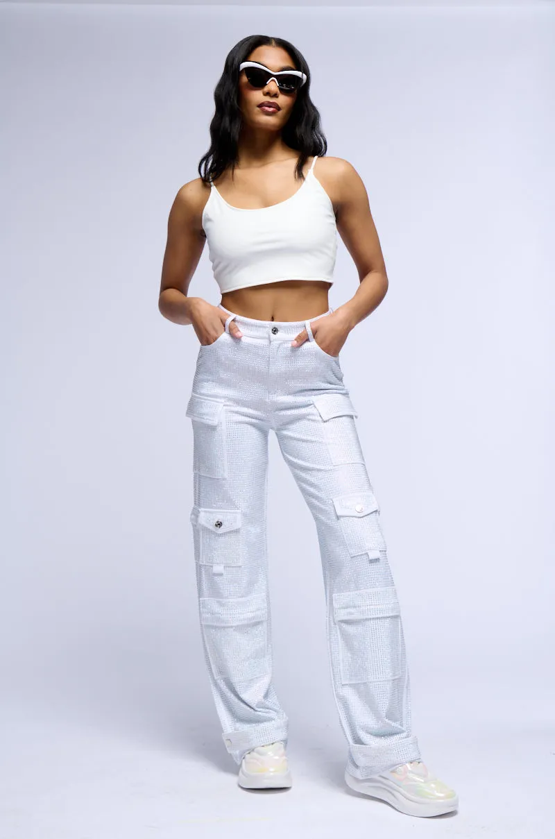 AMMO BONNE SOIREE RHINESTONE CARGO PANTS IN WHITE