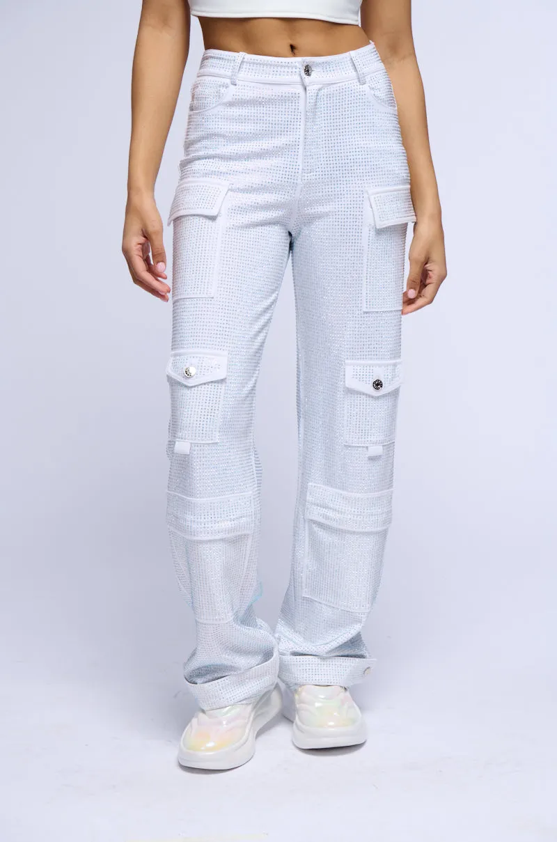 AMMO BONNE SOIREE RHINESTONE CARGO PANTS IN WHITE