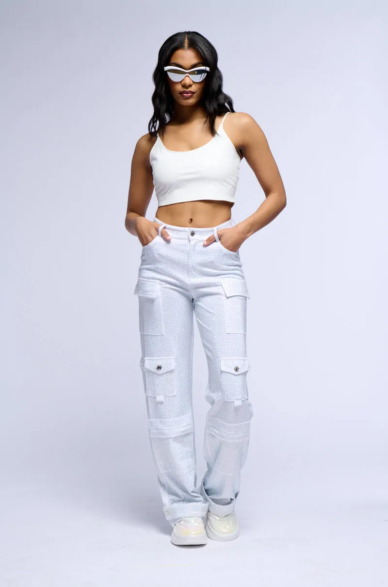 AMMO BONNE SOIREE RHINESTONE CARGO PANTS IN WHITE
