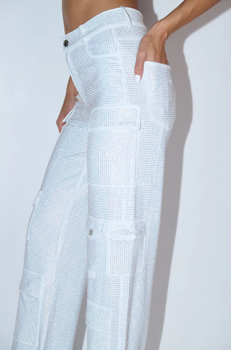 AMMO BONNE SOIREE RHINESTONE CARGO PANTS IN WHITE