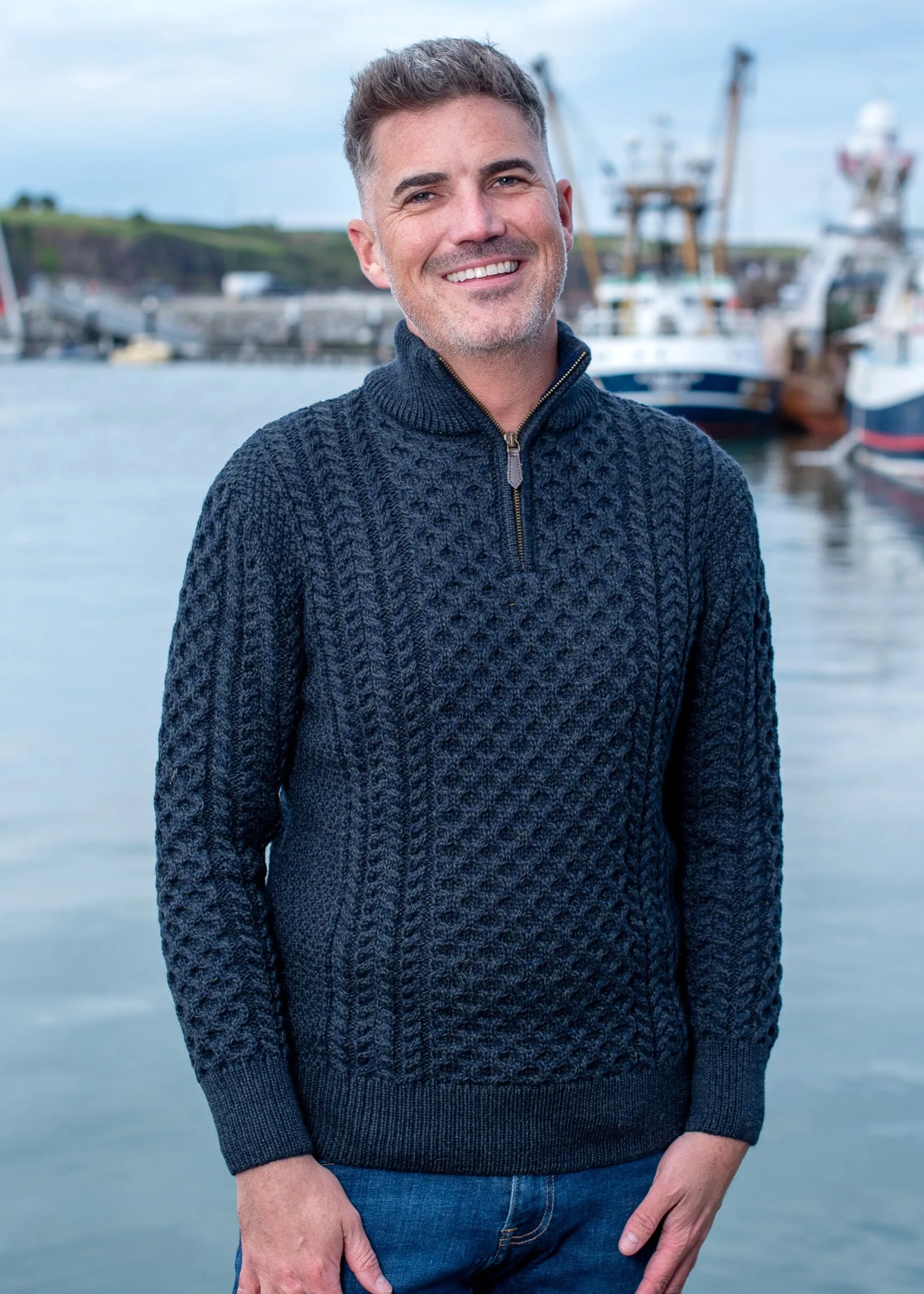 Aran Merino Wool Half Zip Sweater | Blackwatch