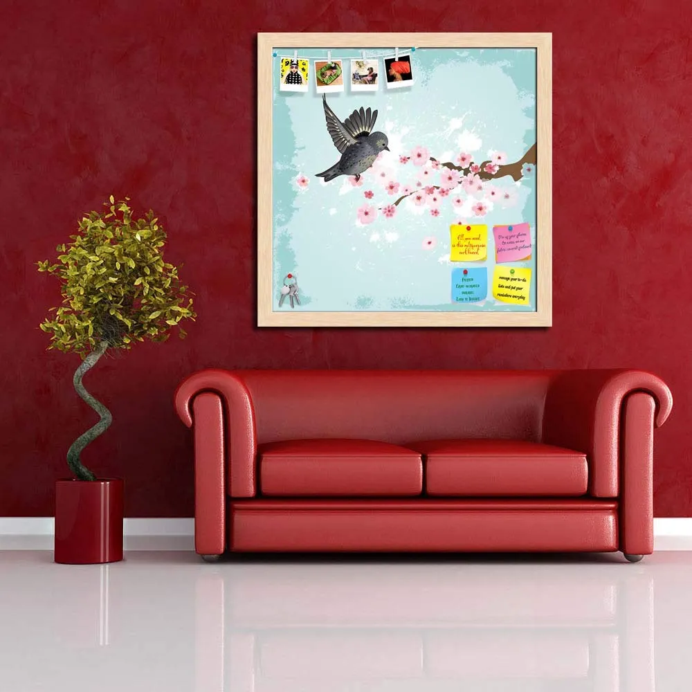 ArtzFolio Cute Bird D1 | Bulletin Board Notice Pin Board | Vision Soft Board Combo with Thumb Push Pins & Sticky Notes | Natural Brown Frame | 20 x 20 inch (51 x 51 cms)