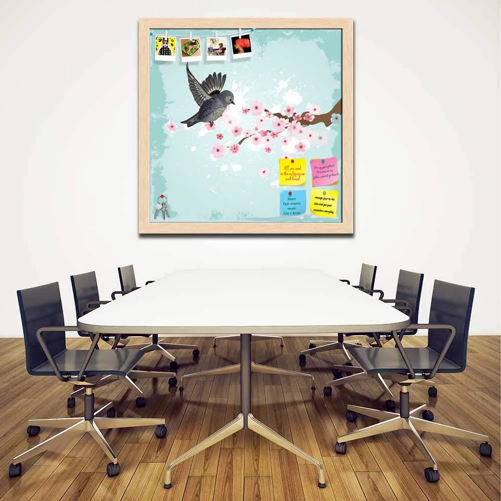 ArtzFolio Cute Bird D1 | Bulletin Board Notice Pin Board | Vision Soft Board Combo with Thumb Push Pins & Sticky Notes | Natural Brown Frame | 20 x 20 inch (51 x 51 cms)