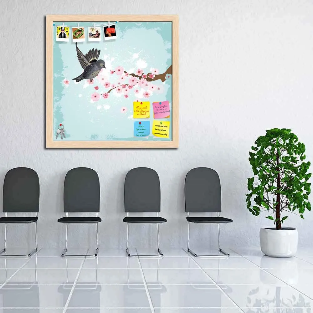 ArtzFolio Cute Bird D1 | Bulletin Board Notice Pin Board | Vision Soft Board Combo with Thumb Push Pins & Sticky Notes | Natural Brown Frame | 20 x 20 inch (51 x 51 cms)