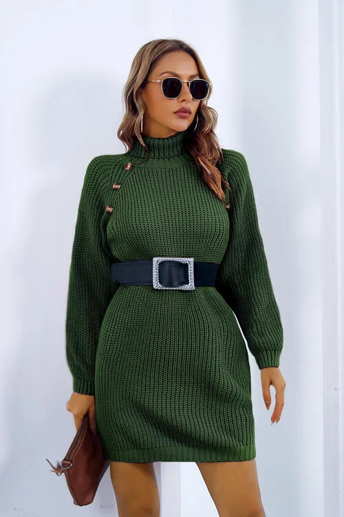 Buttoned Turtleneck Long Sleeve Sweater Dress | Solid Mini Acrylic Dress