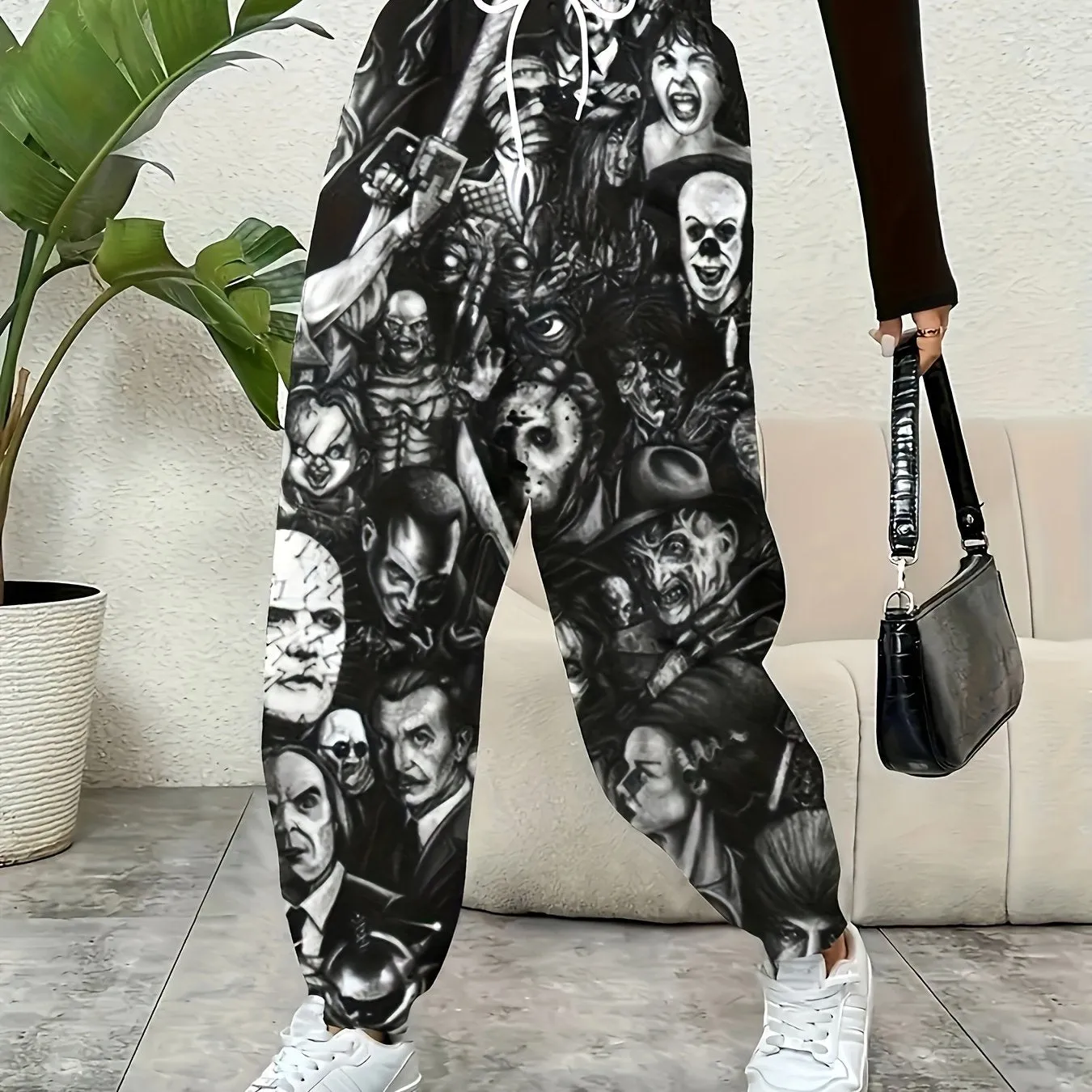[Customer Favorite] Women's Plus Size Casual Joggers with Drawstring - Comfy Polyester & Spandex Blend, Machine Washable, Non-See-Through, Random Print Design for Spring/Fall