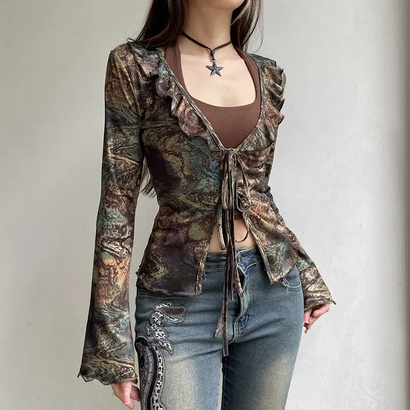 Fashionkova widow dress to impress Retro Printed Personalized Ruffled Lace-up Cardigan Elegant Waist Slimming V-neck Thin Lace Top