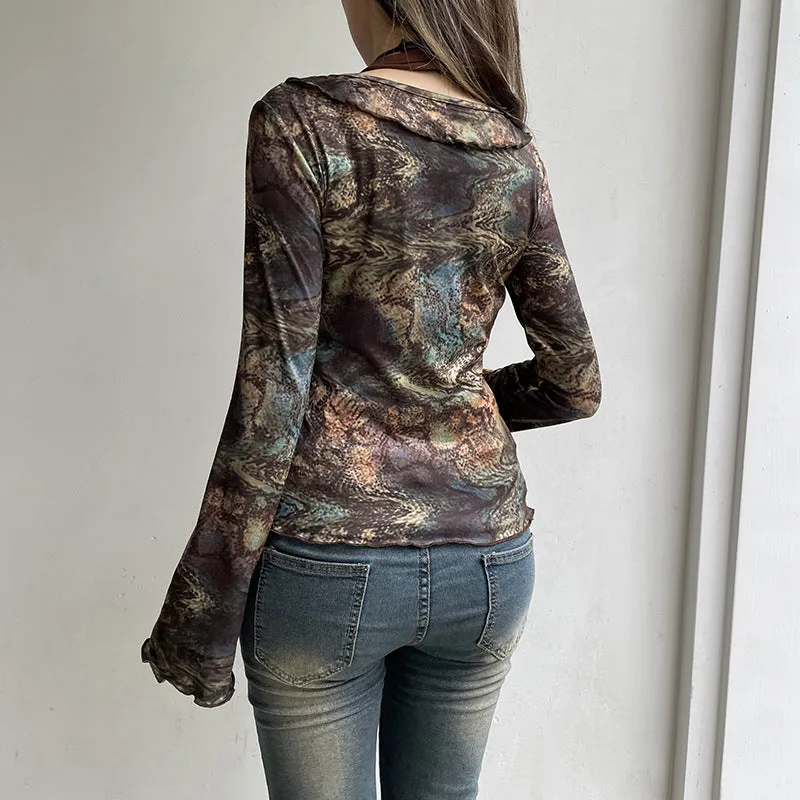 Fashionkova widow dress to impress Retro Printed Personalized Ruffled Lace-up Cardigan Elegant Waist Slimming V-neck Thin Lace Top