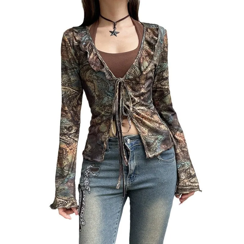 Fashionkova widow dress to impress Retro Printed Personalized Ruffled Lace-up Cardigan Elegant Waist Slimming V-neck Thin Lace Top