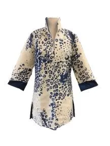 Grace Chung Long Open JKT with Metallic Leopard Print Ivory/Blue