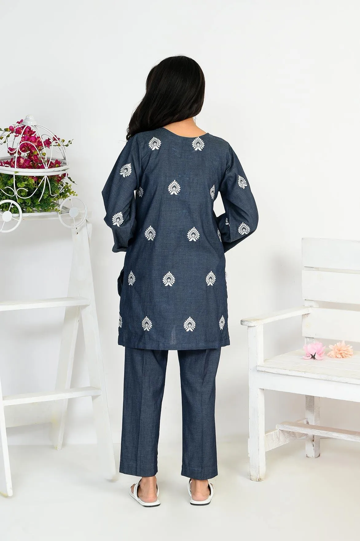Light Weight Denim Shadow Slate Shirt | Embroidered | RTW | 1Pc