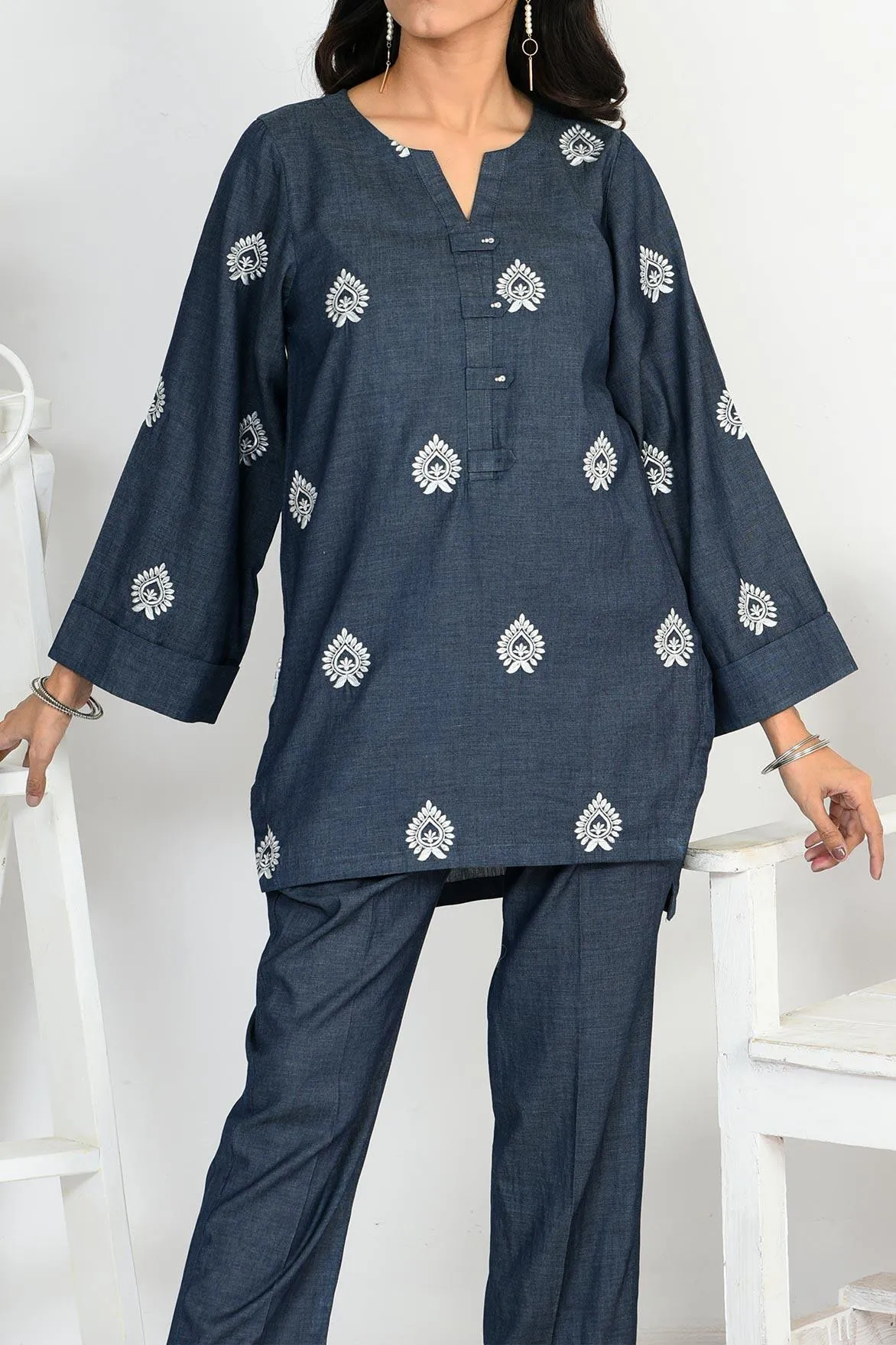 Light Weight Denim Shadow Slate Shirt | Embroidered | RTW | 1Pc