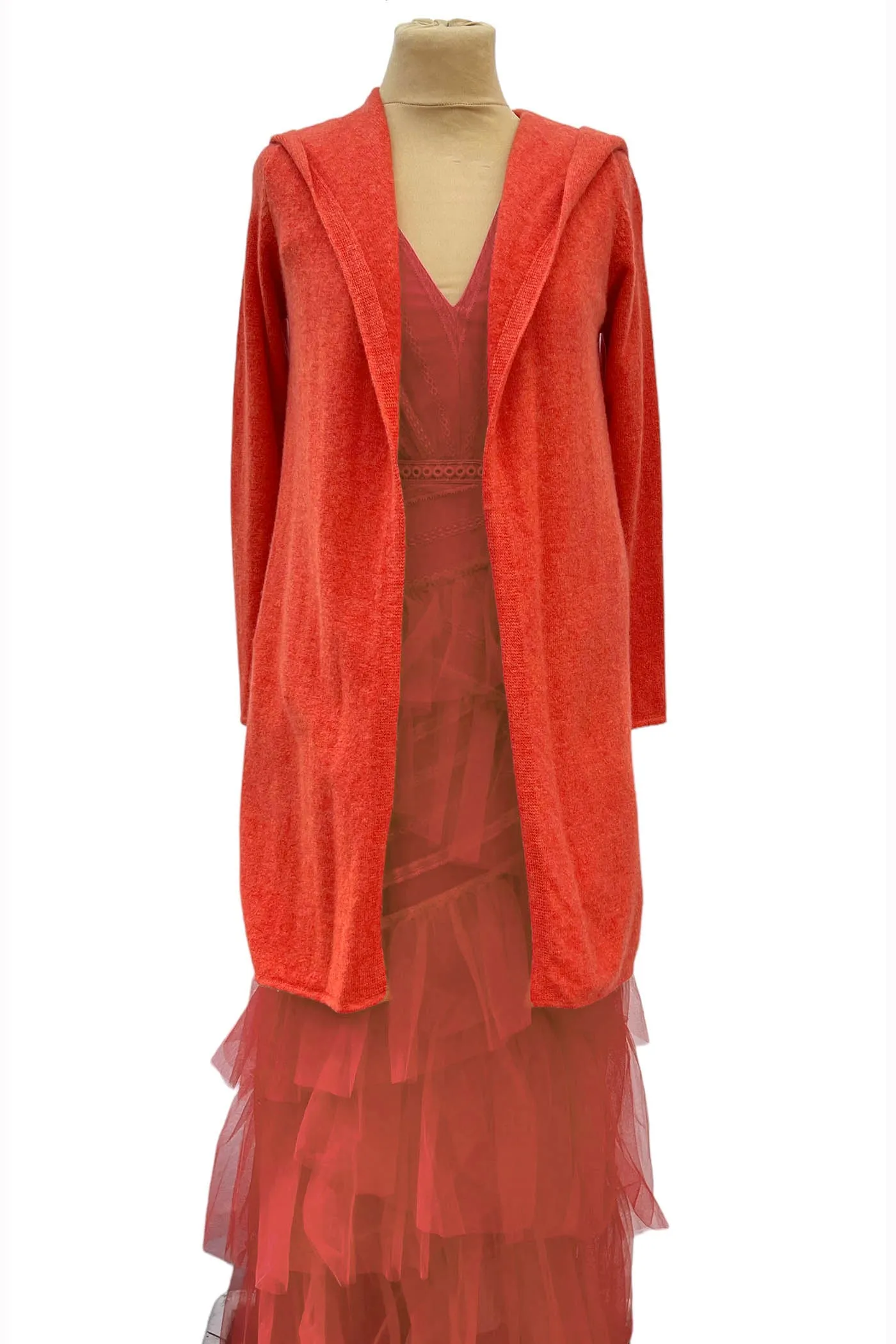 Long Cashmere Hooded Cardigan in Burnt orange