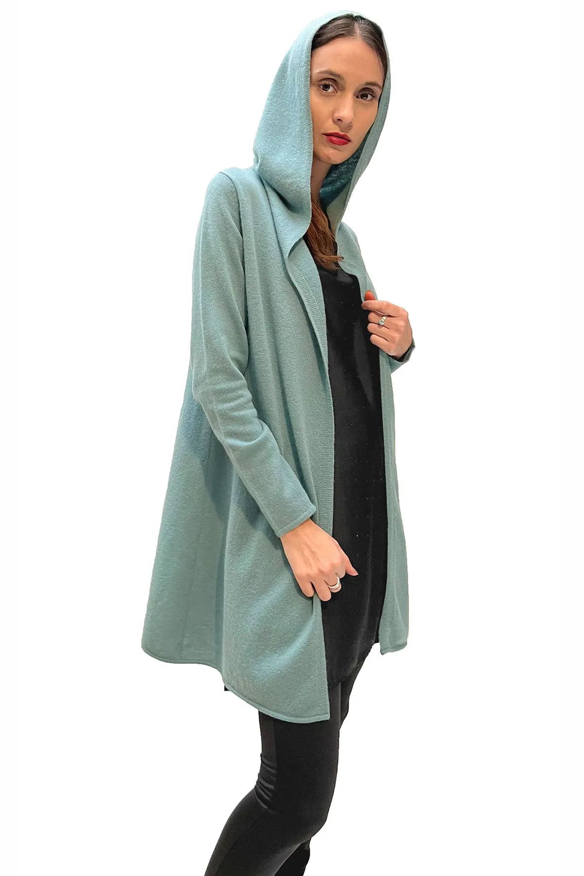 Long Cashmere Hooded Cardigan in Burnt orange