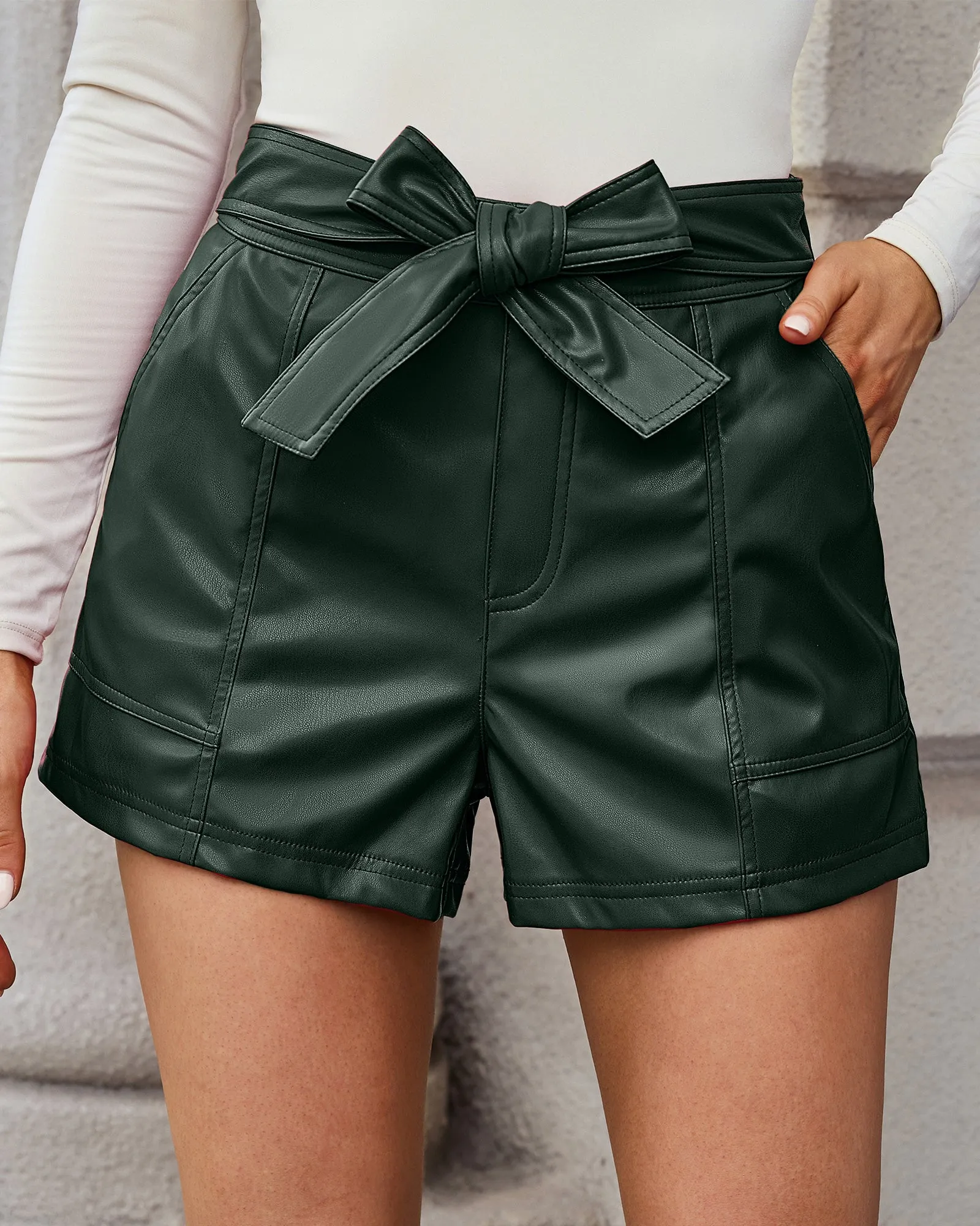 luvamia Faux Leather Shorts for Women High Waist Wide Leg Stretchy Waist Shorts with Pockets Belt Short PU Leather