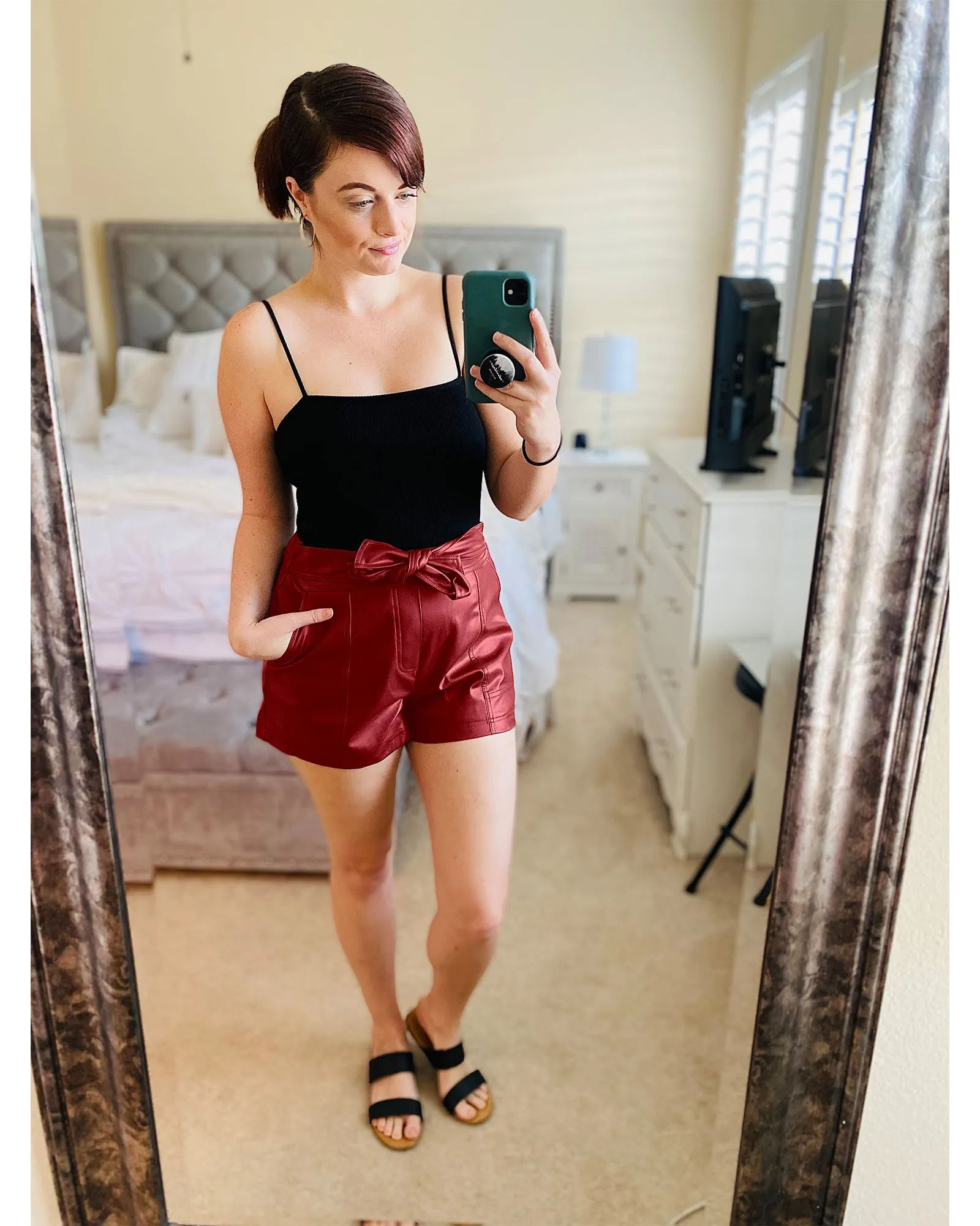luvamia Faux Leather Shorts for Women High Waist Wide Leg Stretchy Waist Shorts with Pockets Belt Short PU Leather