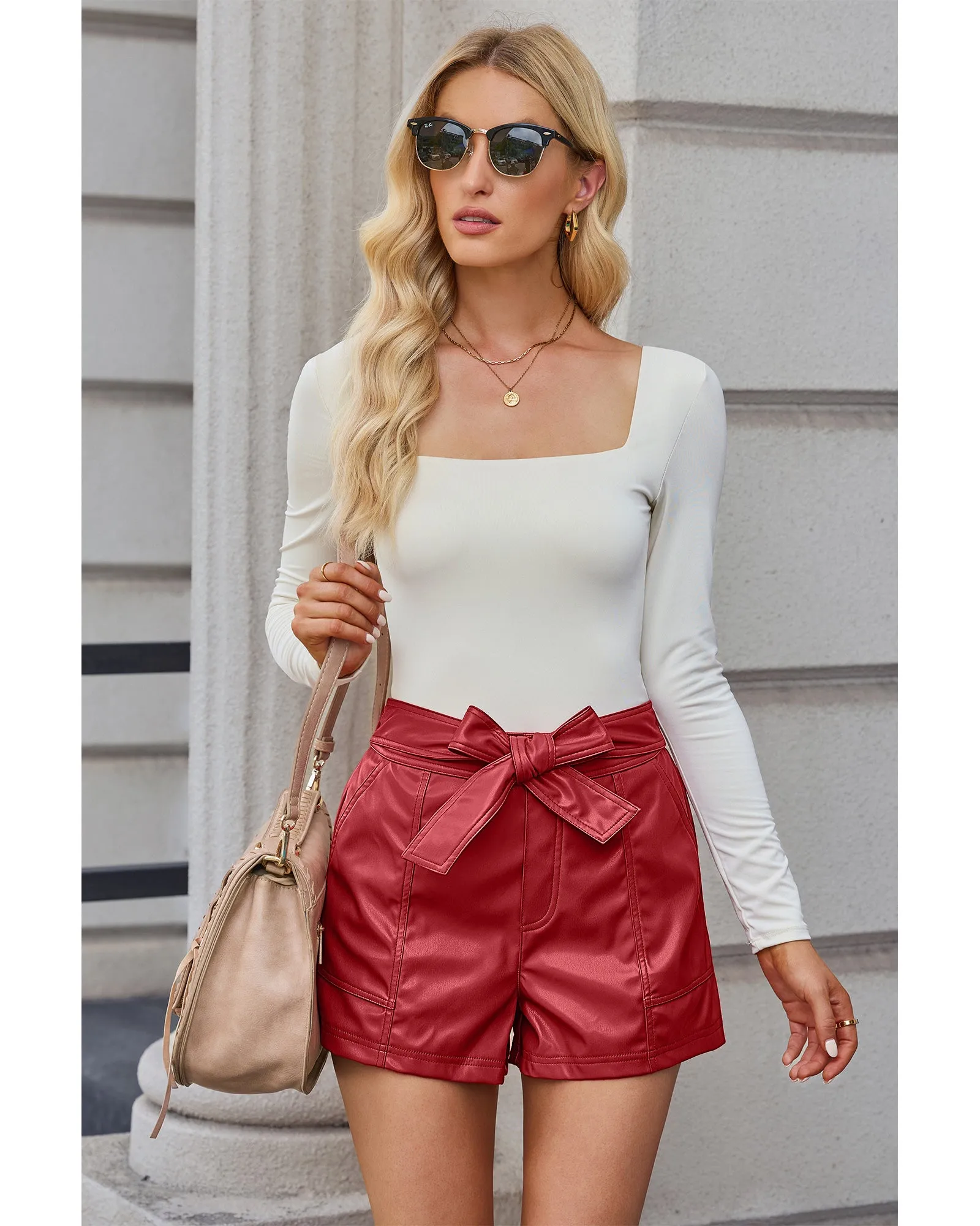 luvamia Faux Leather Shorts for Women High Waist Wide Leg Stretchy Waist Shorts with Pockets Belt Short PU Leather
