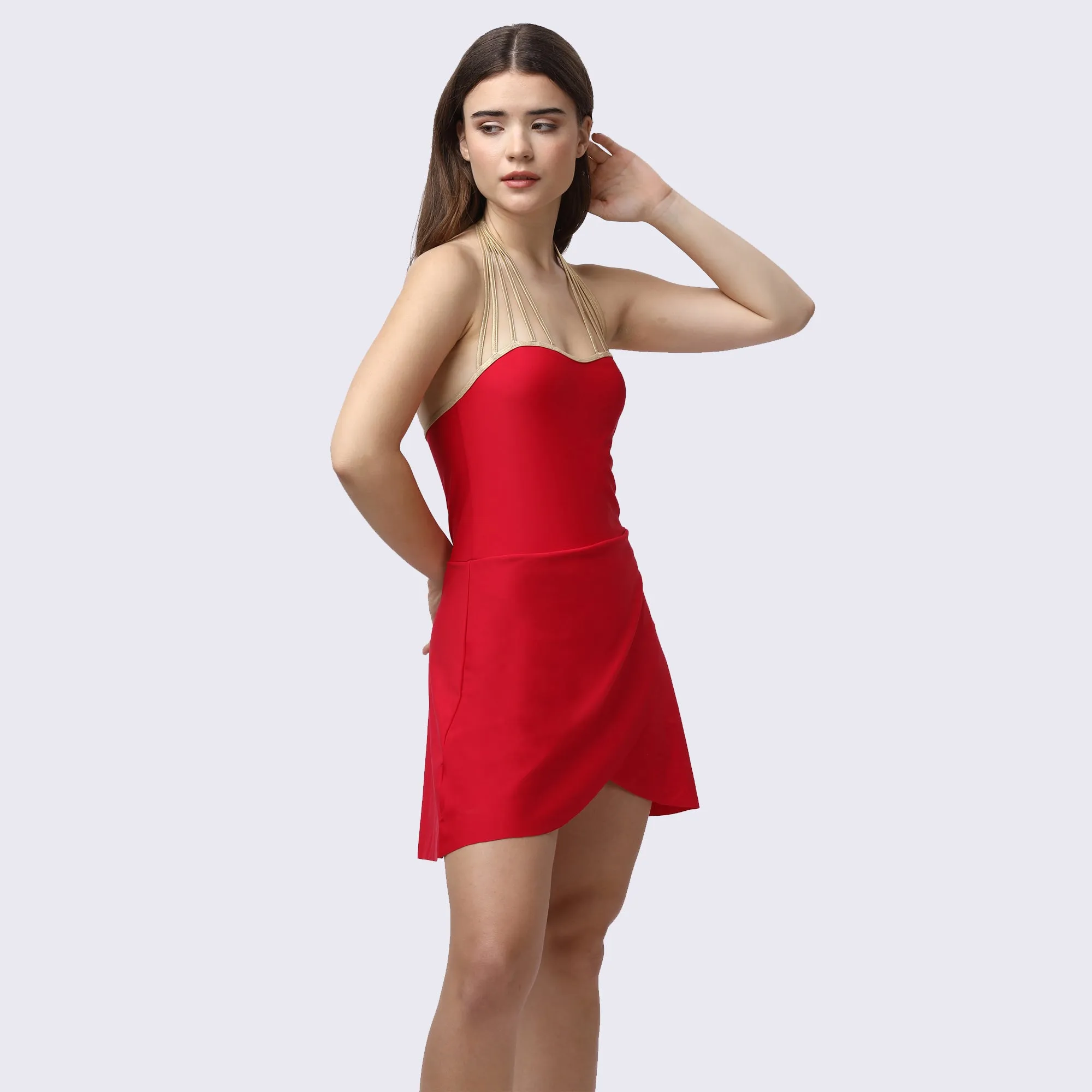 Metallic Stringed Halter Neck Swim Dress With Attached Shorts-AQS-15