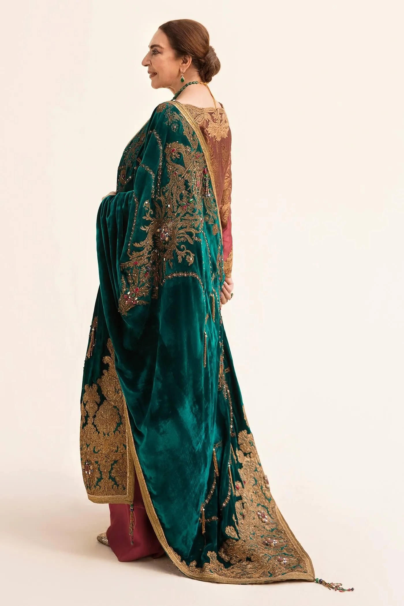 Nilofer Shahid - Tissue Silk Shirt & Pants with Pure Velvet Shawl - 3 Piece