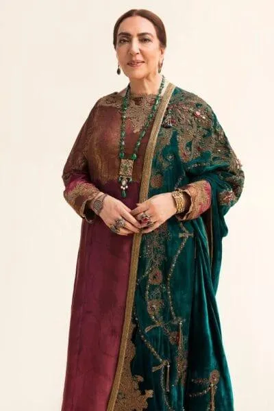 Nilofer Shahid - Tissue Silk Shirt & Pants with Pure Velvet Shawl - 3 Piece