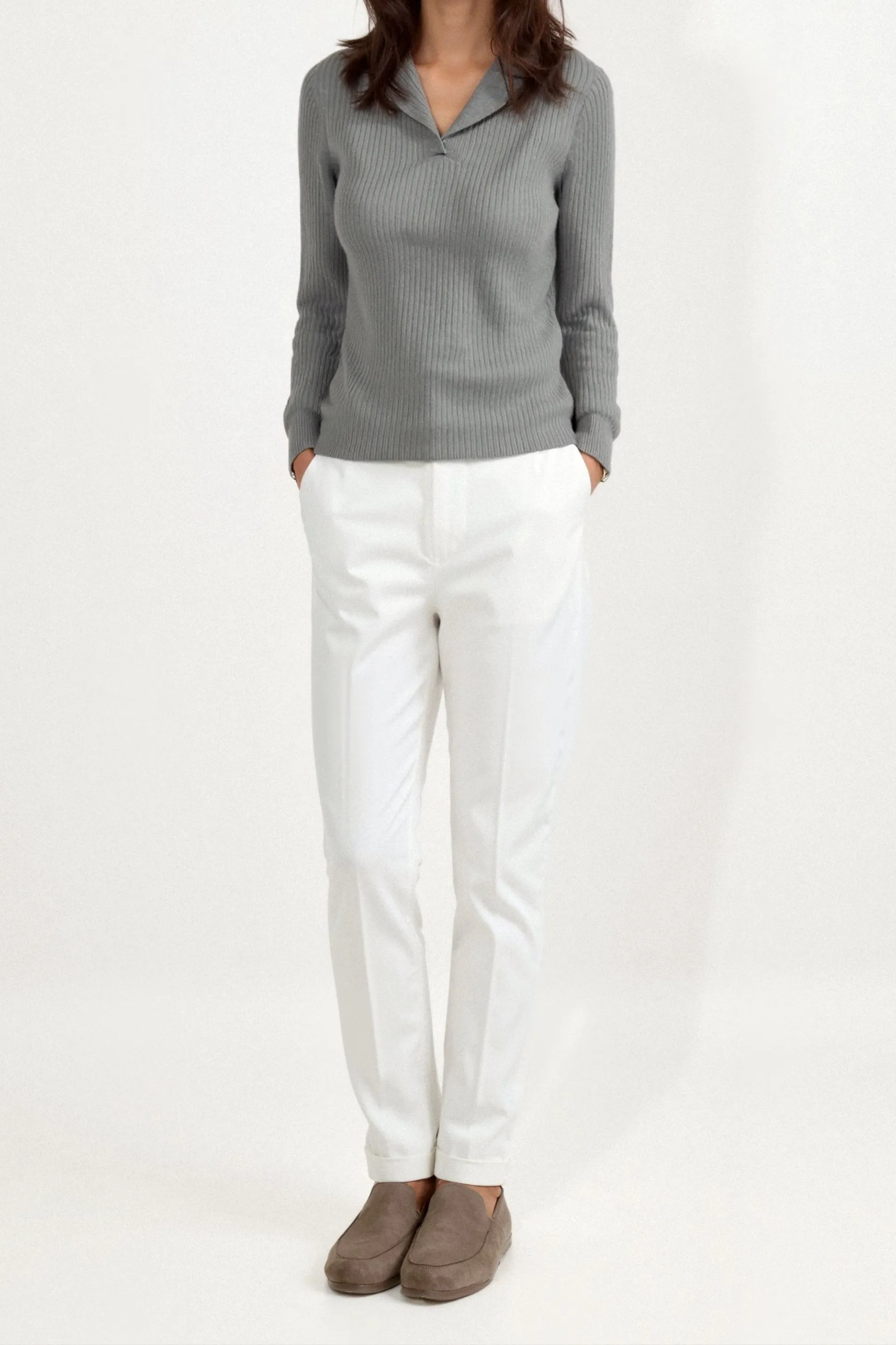 Old Money Contrast Trim Gray Label Neck Sweater