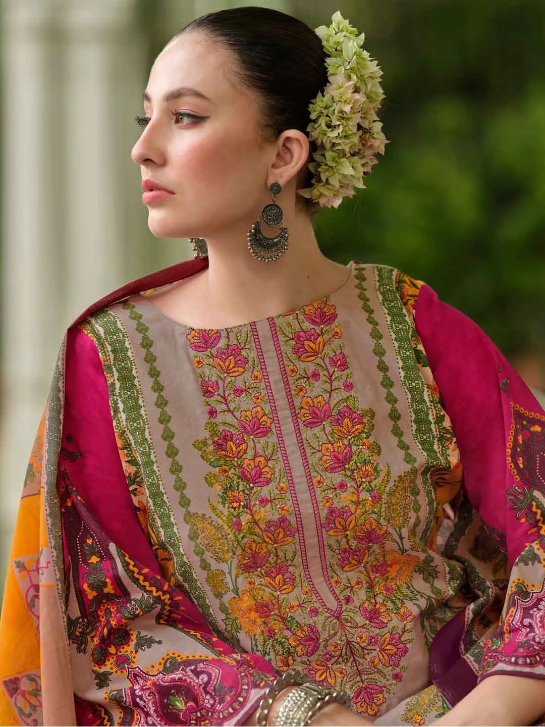 Pakistani Print Brown Unstitched Pure Cotton Suit Material with Embroidery