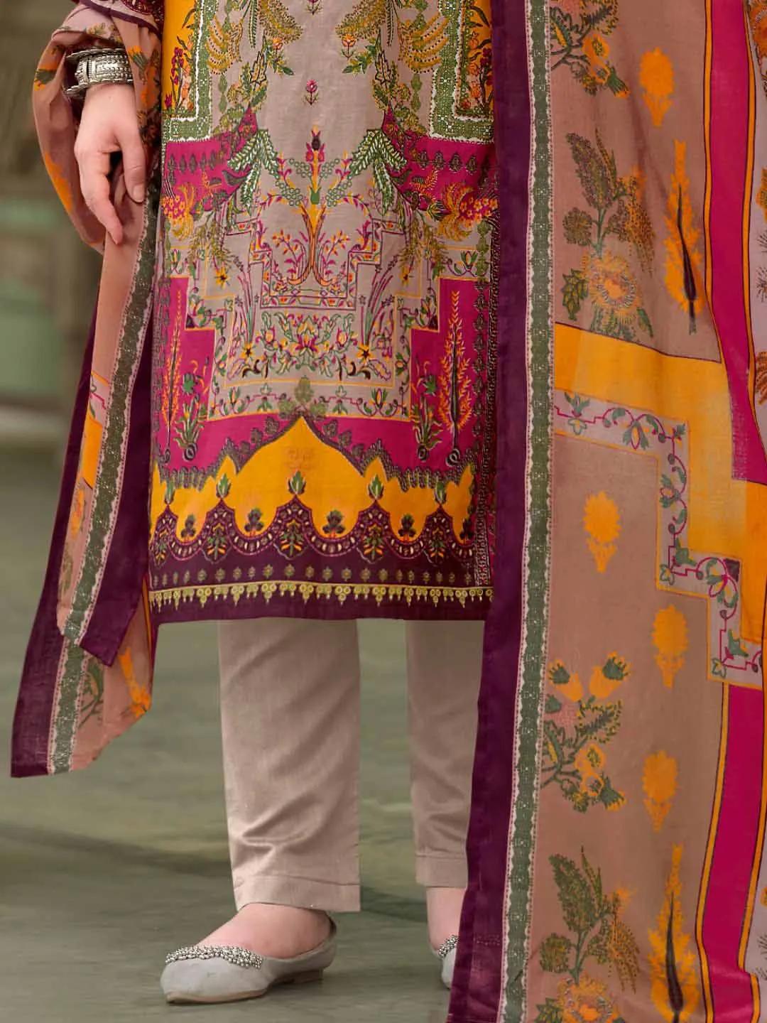 Pakistani Print Brown Unstitched Pure Cotton Suit Material with Embroidery