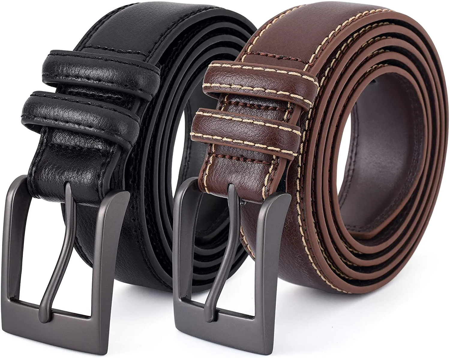 Premium Classic Leather Dress Belt | Double Stitched Loops Thick Tall Belts | Basic Belt Dark Satin Solid Belt Prong Buckle