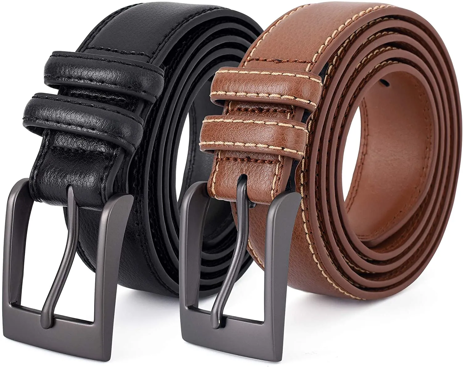 Premium Classic Leather Dress Belt | Double Stitched Loops Thick Tall Belts | Basic Belt Dark Satin Solid Belt Prong Buckle