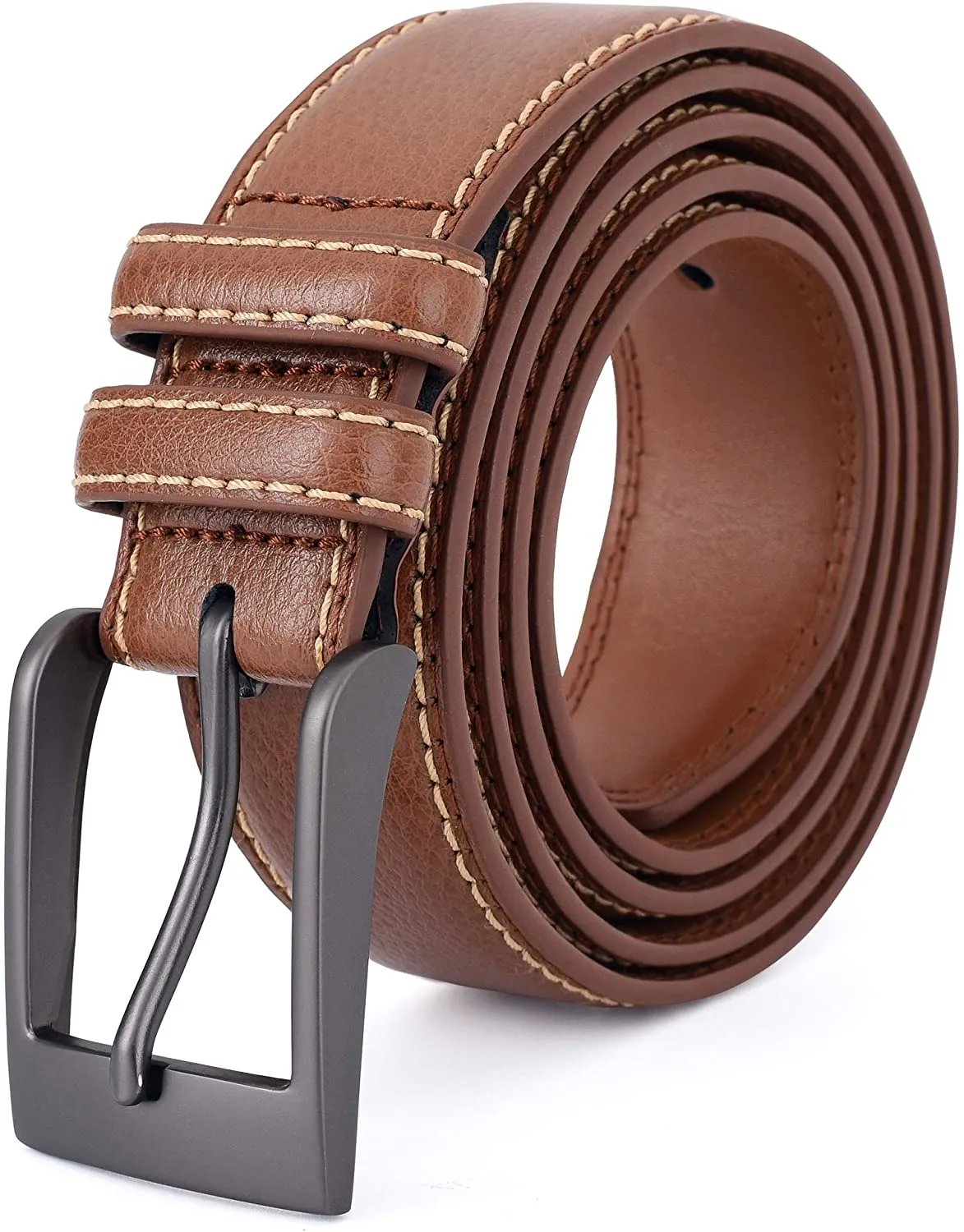 Premium Classic Leather Dress Belt | Double Stitched Loops Thick Tall Belts | Basic Belt Dark Satin Solid Belt Prong Buckle
