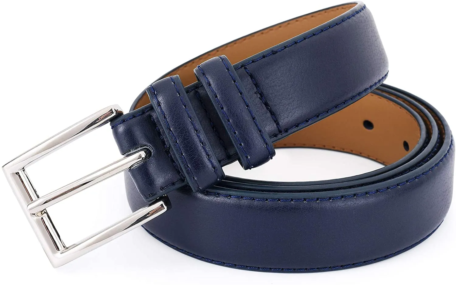 Premium Classic Leather Dress Belt | Double Stitched Loops Thick Tall Belts | Basic Belt Dark Satin Solid Belt Prong Buckle