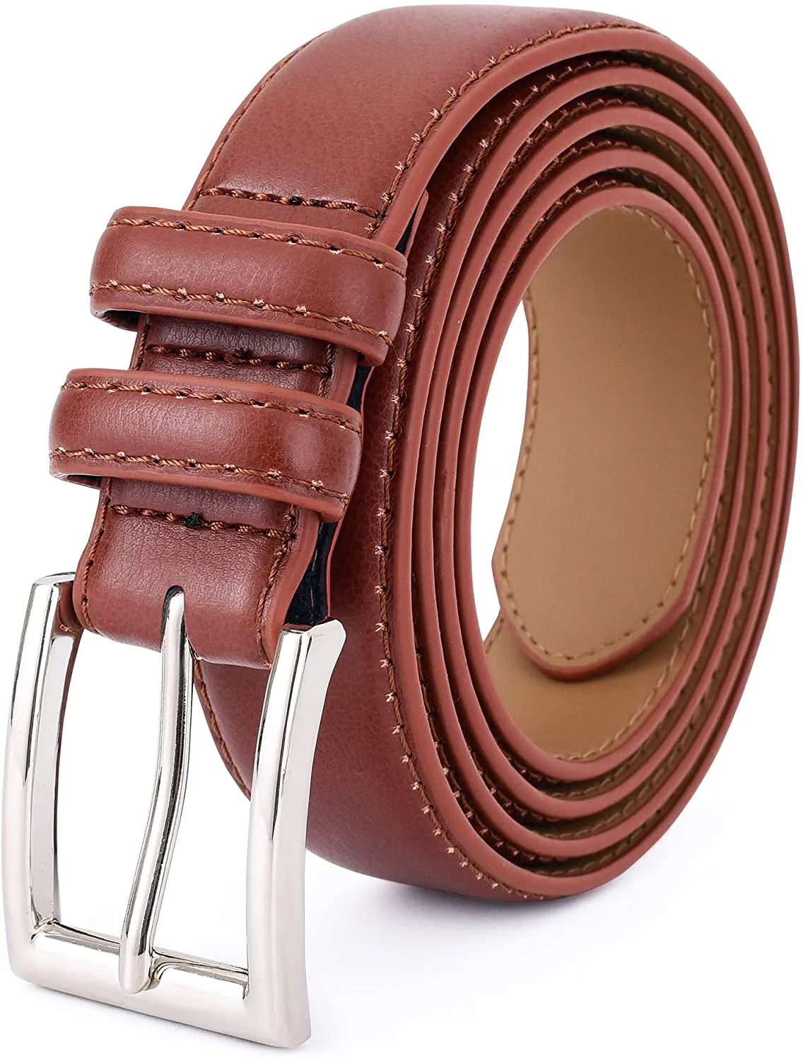 Premium Classic Leather Dress Belt | Double Stitched Loops Thick Tall Belts | Basic Belt Dark Satin Solid Belt Prong Buckle