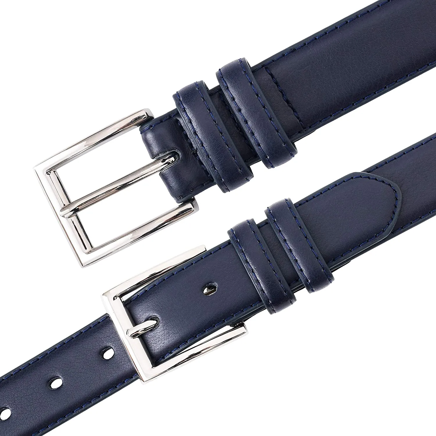 Premium Classic Leather Dress Belt | Double Stitched Loops Thick Tall Belts | Basic Belt Dark Satin Solid Belt Prong Buckle
