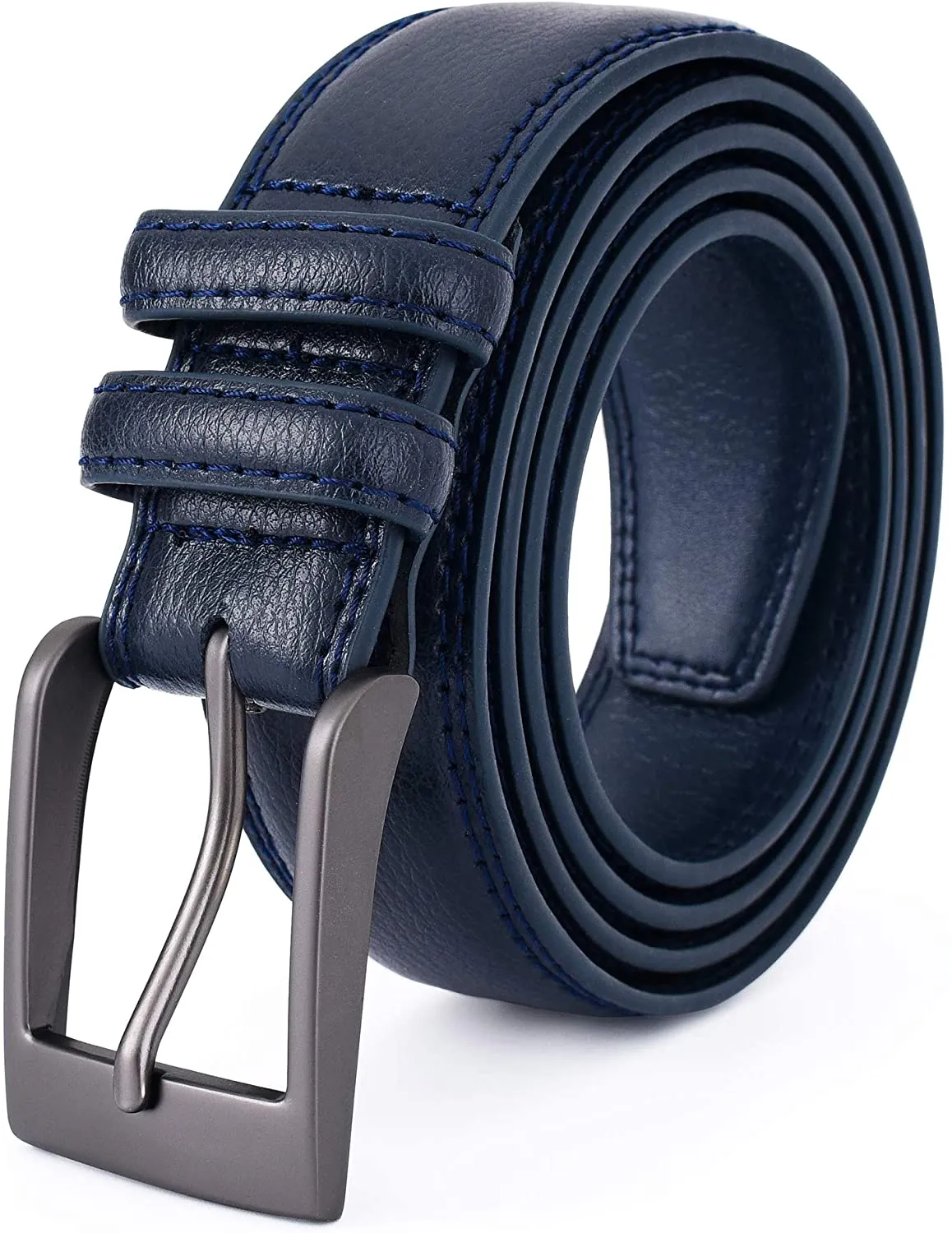 Premium Classic Leather Dress Belt | Double Stitched Loops Thick Tall Belts | Basic Belt Dark Satin Solid Belt Prong Buckle