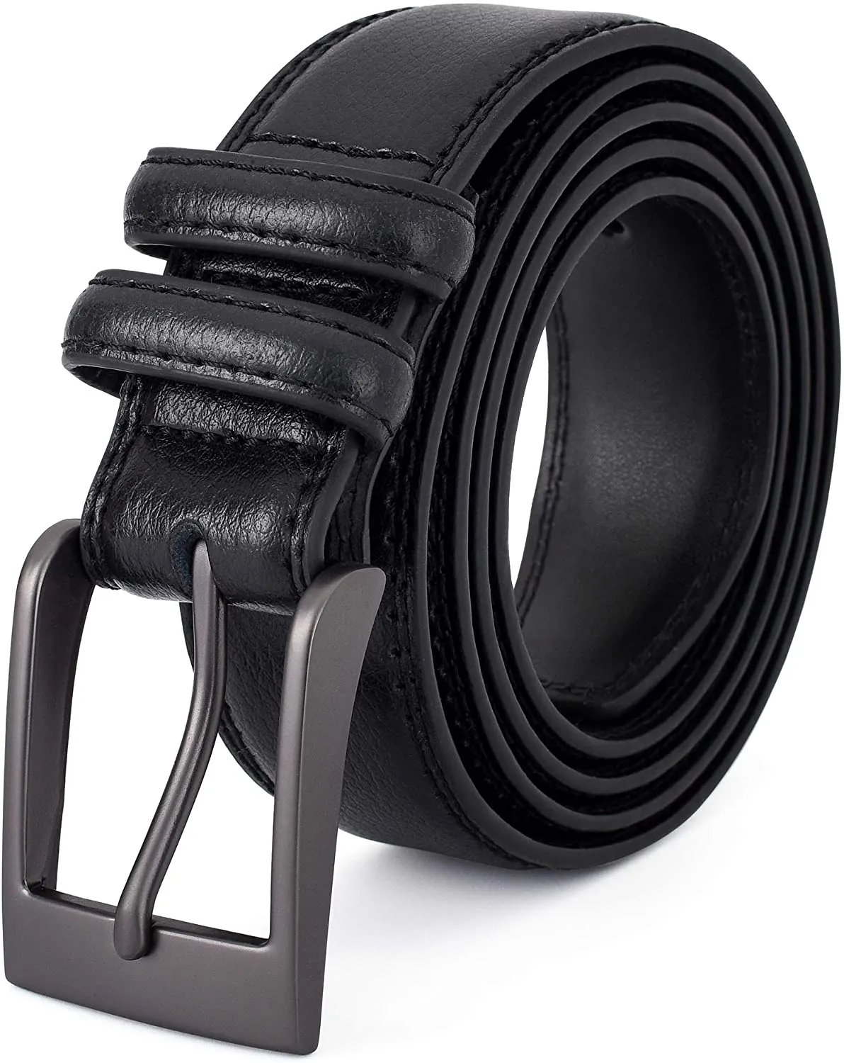 Premium Classic Leather Dress Belt | Double Stitched Loops Thick Tall Belts | Basic Belt Dark Satin Solid Belt Prong Buckle