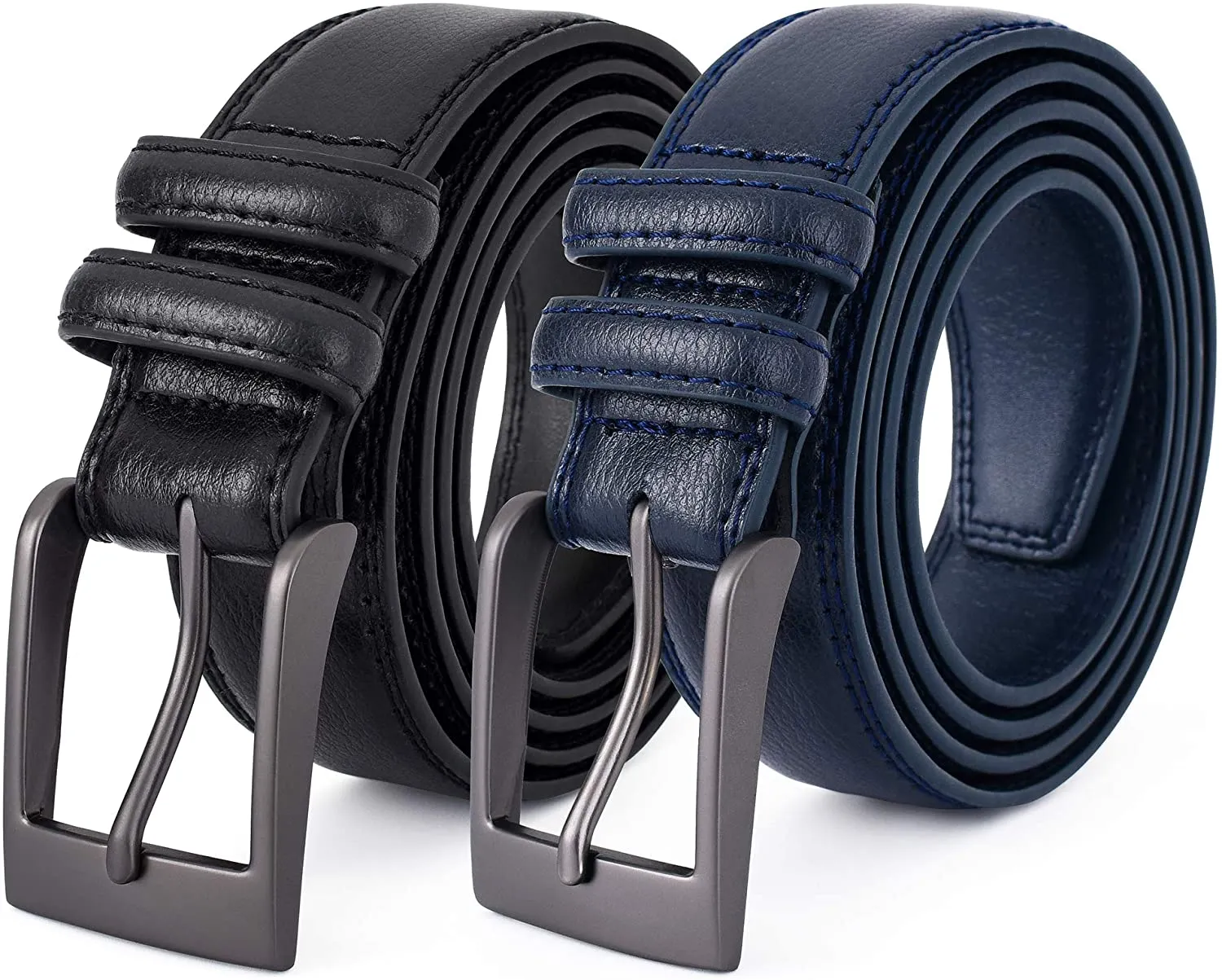 Premium Classic Leather Dress Belt | Double Stitched Loops Thick Tall Belts | Basic Belt Dark Satin Solid Belt Prong Buckle