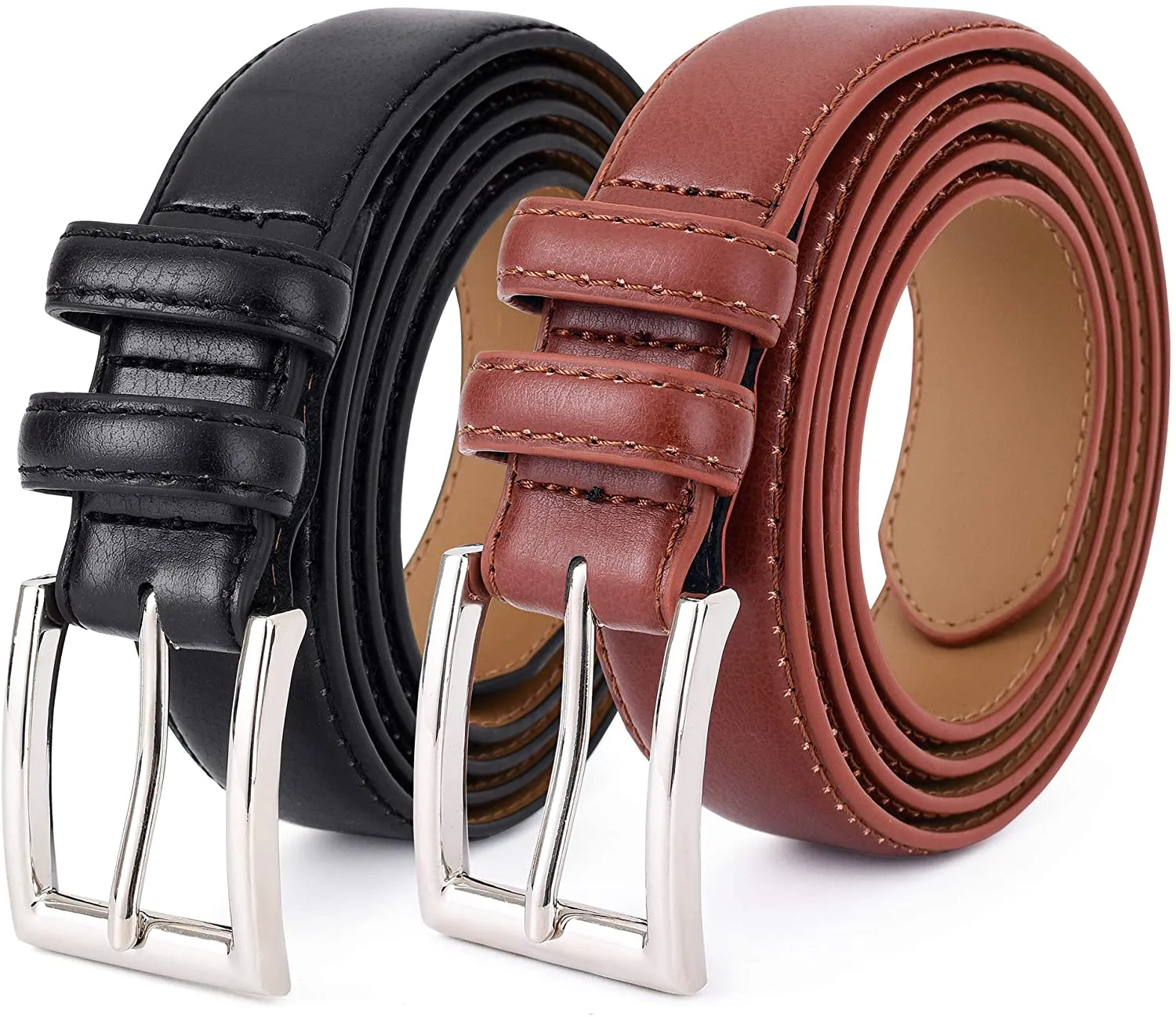 Premium Classic Leather Dress Belt | Double Stitched Loops Thick Tall Belts | Basic Belt Dark Satin Solid Belt Prong Buckle