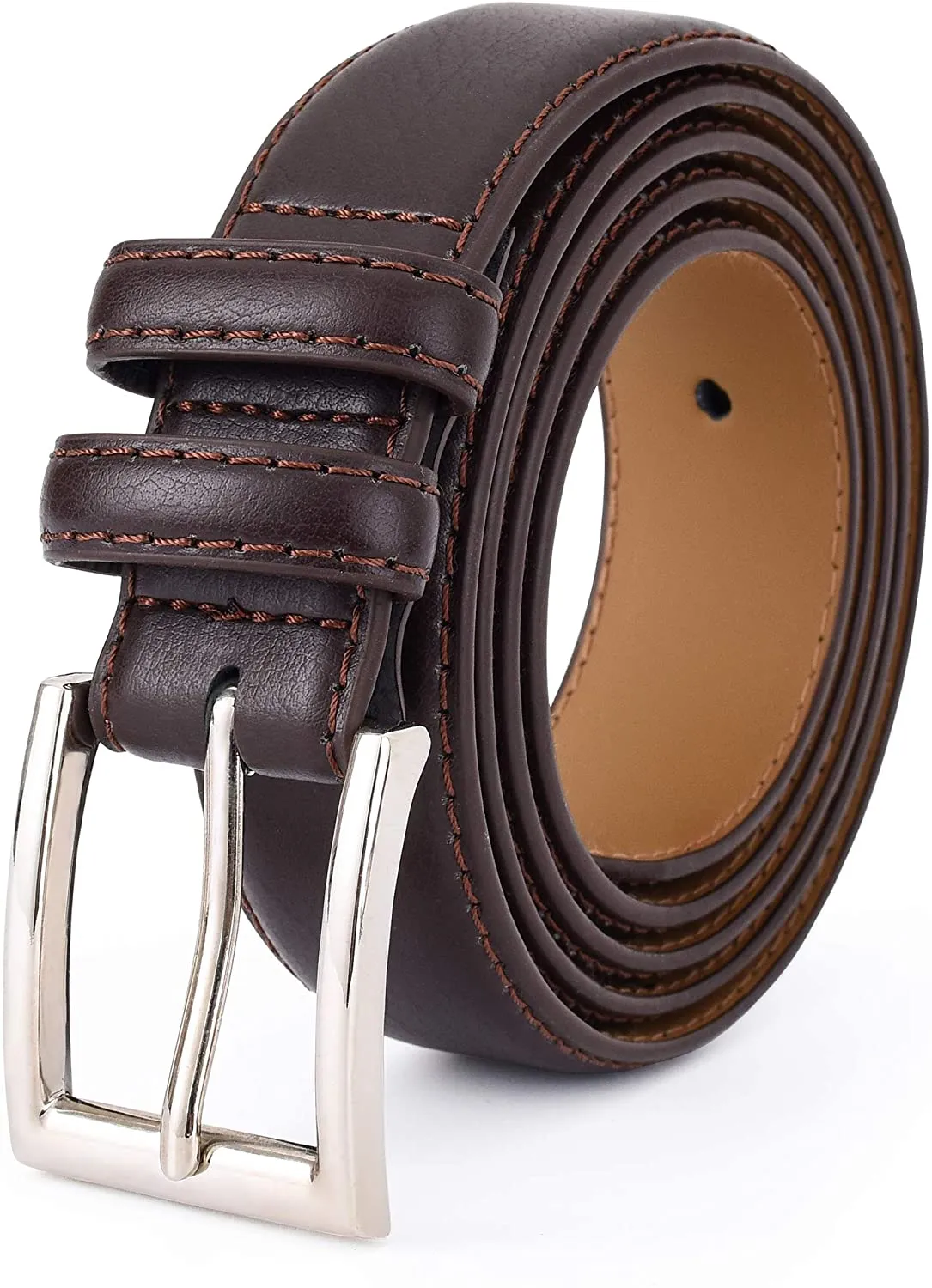 Premium Classic Leather Dress Belt | Double Stitched Loops Thick Tall Belts | Basic Belt Dark Satin Solid Belt Prong Buckle