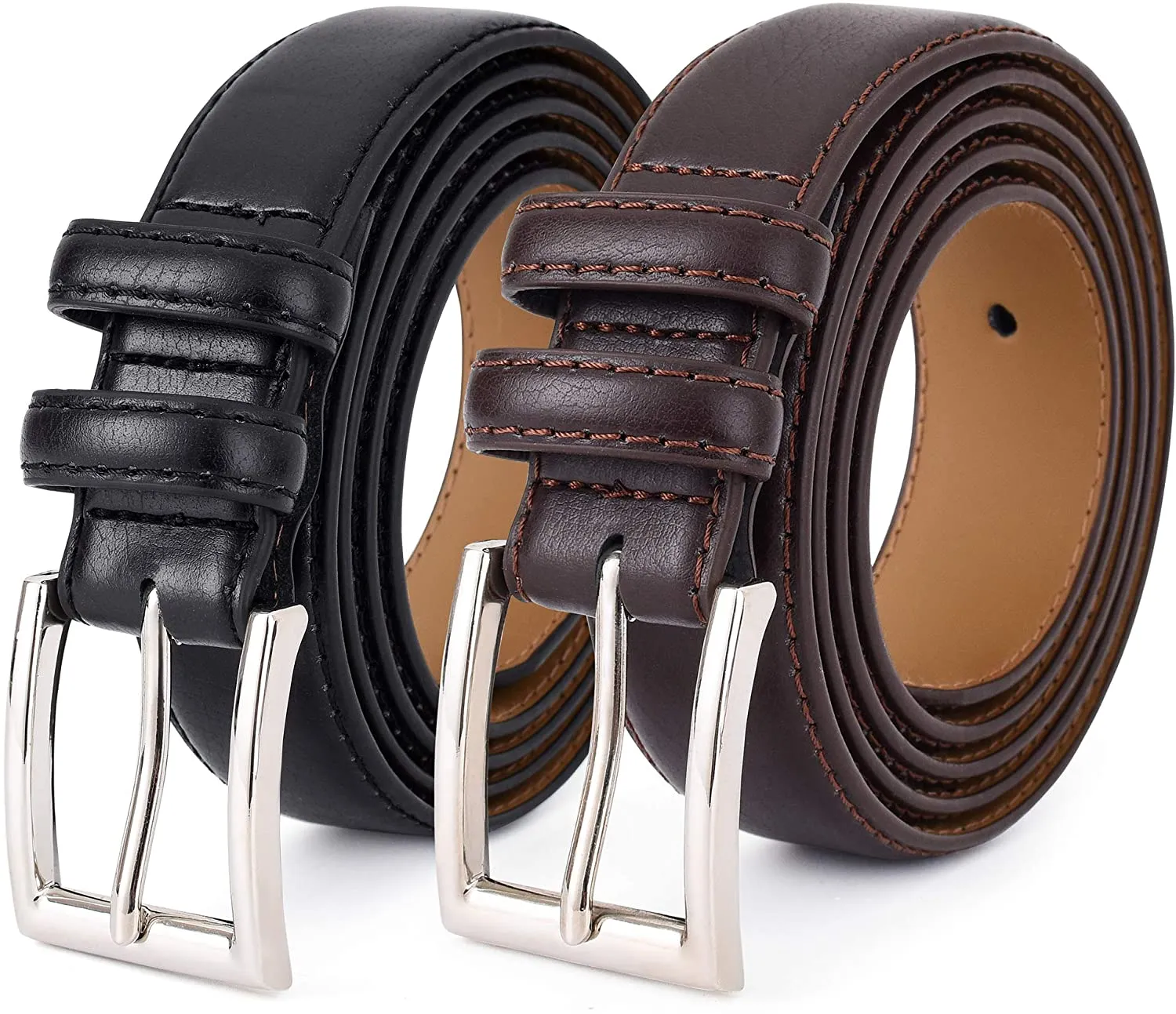 Premium Classic Leather Dress Belt | Double Stitched Loops Thick Tall Belts | Basic Belt Dark Satin Solid Belt Prong Buckle