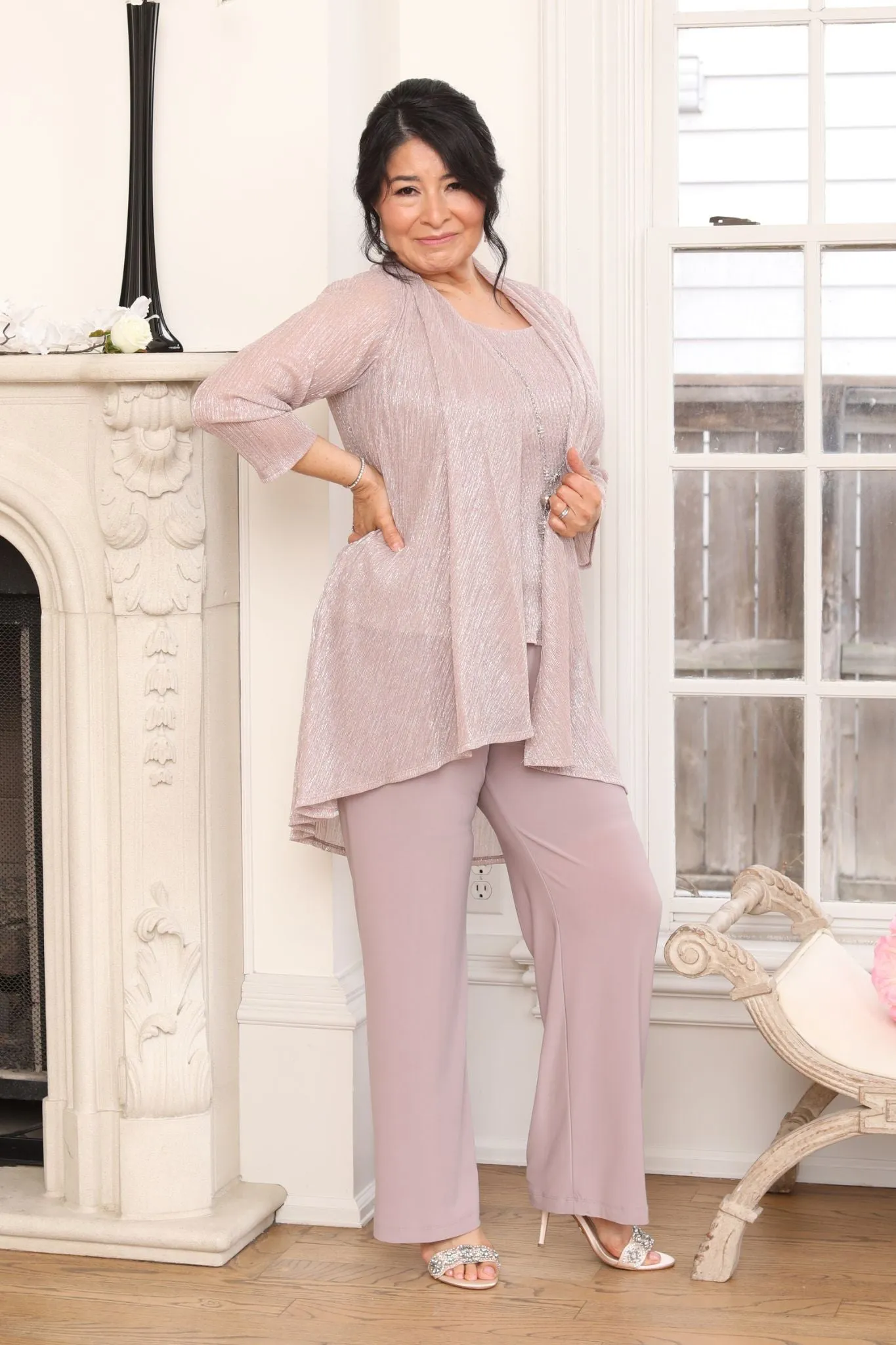 R&M Richards Women's Three Piece Metallic Crinkle Duster Mother of the Bride Pantsuit