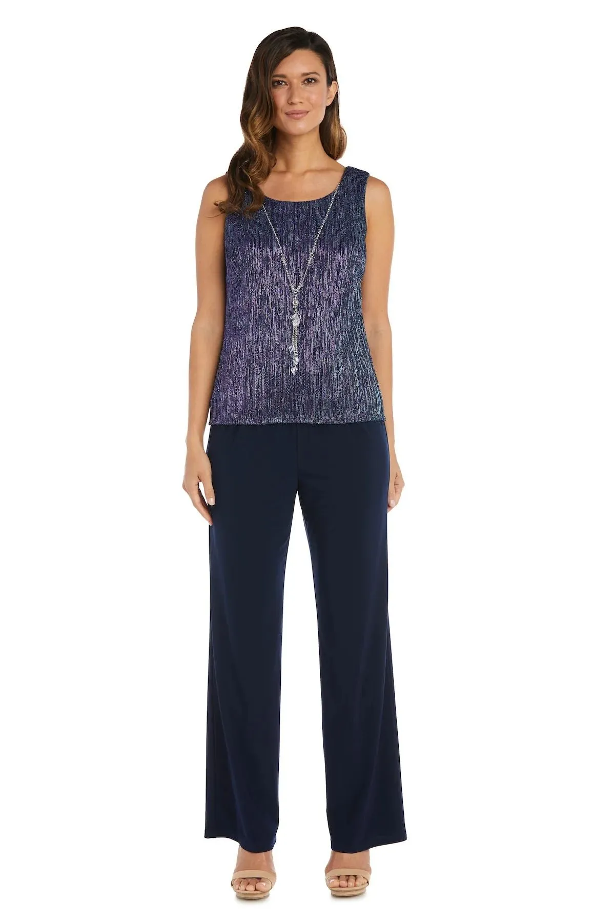 R&M Richards Women's Three Piece Metallic Crinkle Duster Mother of the Bride Pantsuit