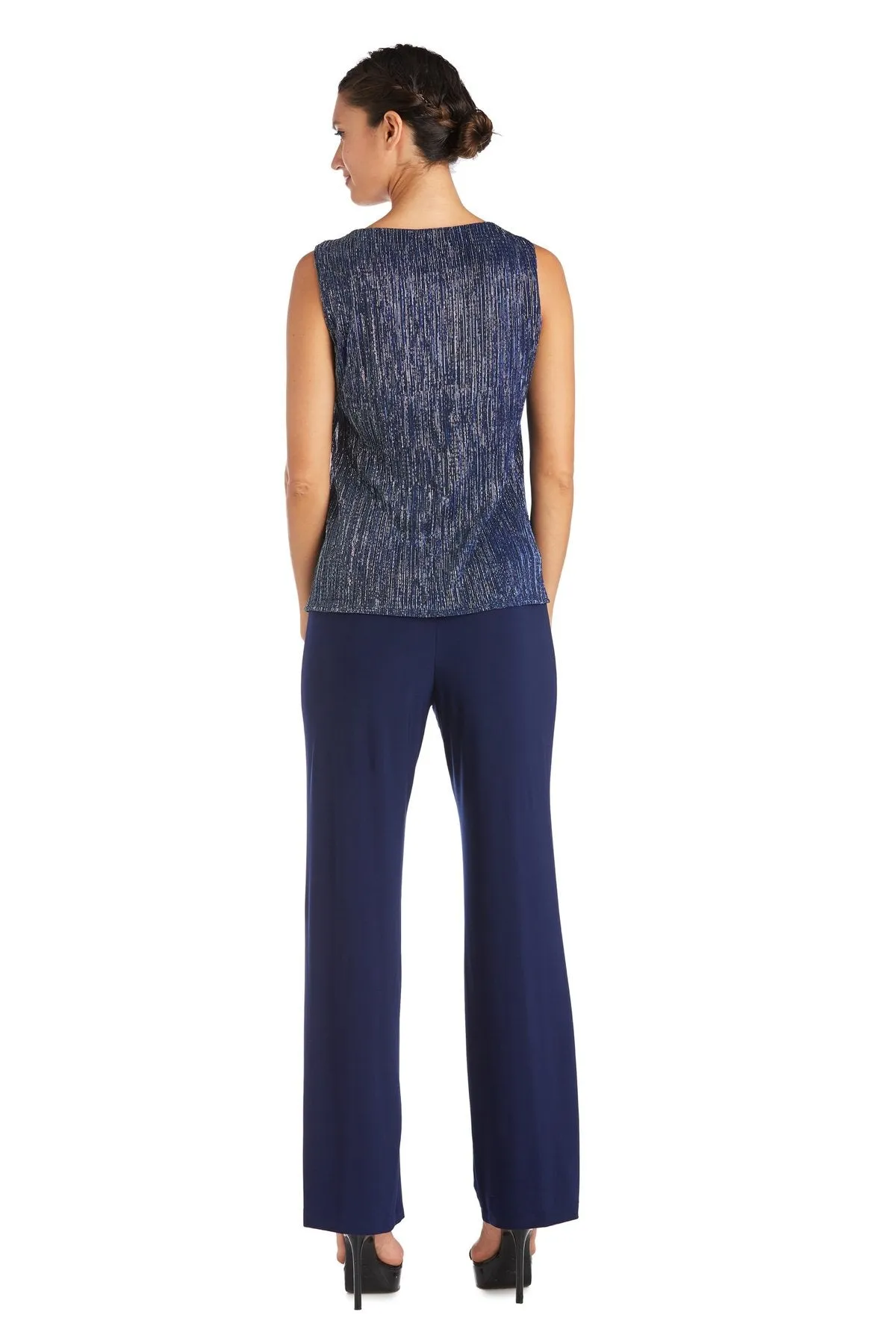 R&M Richards Women's Three Piece Metallic Crinkle Duster Mother of the Bride Pantsuit