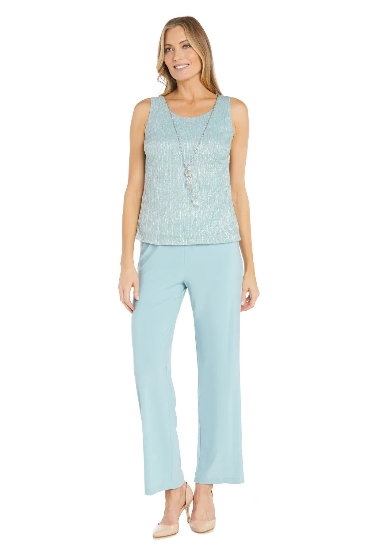R&M Richards Women's Three Piece Metallic Crinkle Duster Mother of the Bride Pantsuit