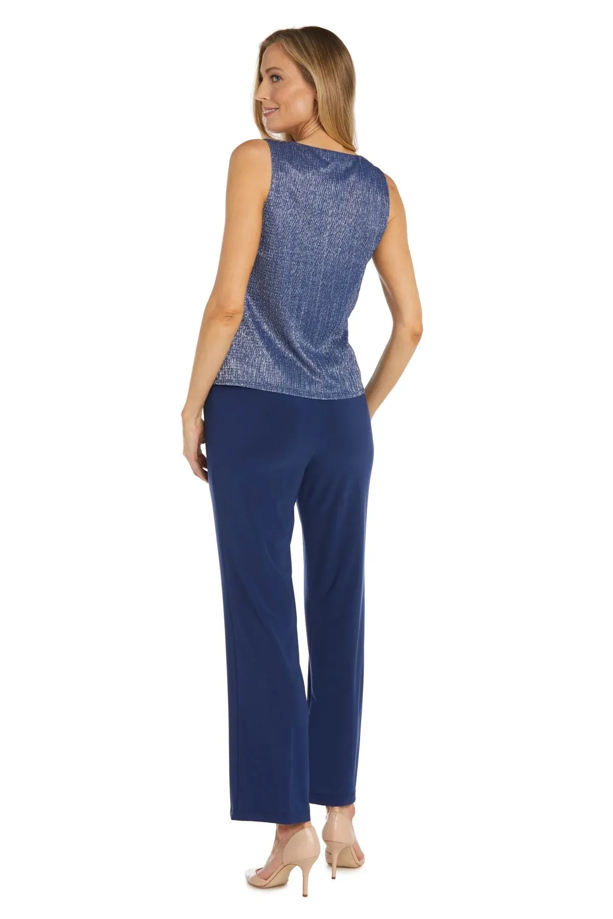 R&M Richards Women's Three Piece Metallic Crinkle Duster Mother of the Bride Pantsuit