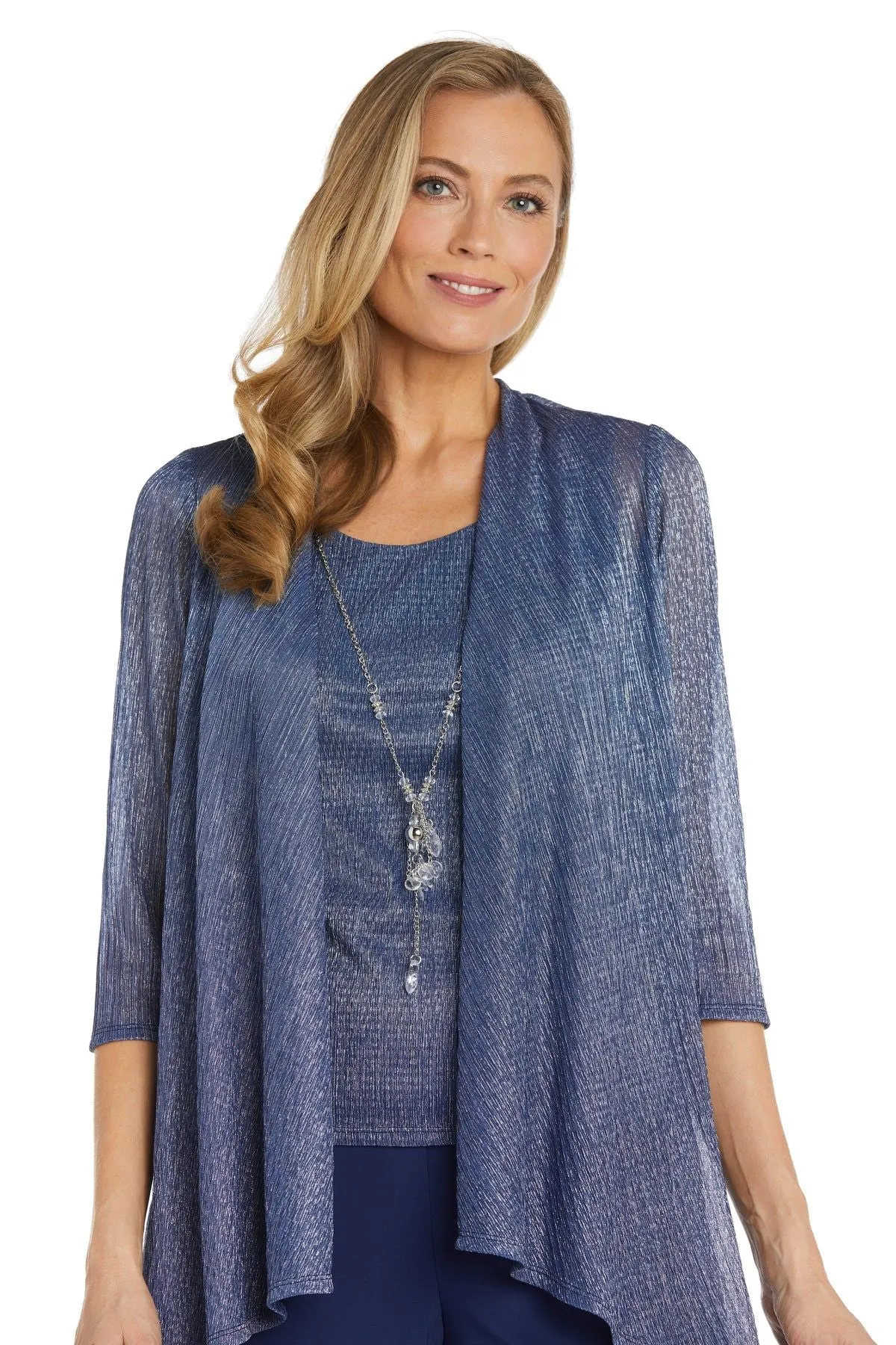 R&M Richards Women's Three Piece Metallic Crinkle Duster Mother of the Bride Pantsuit