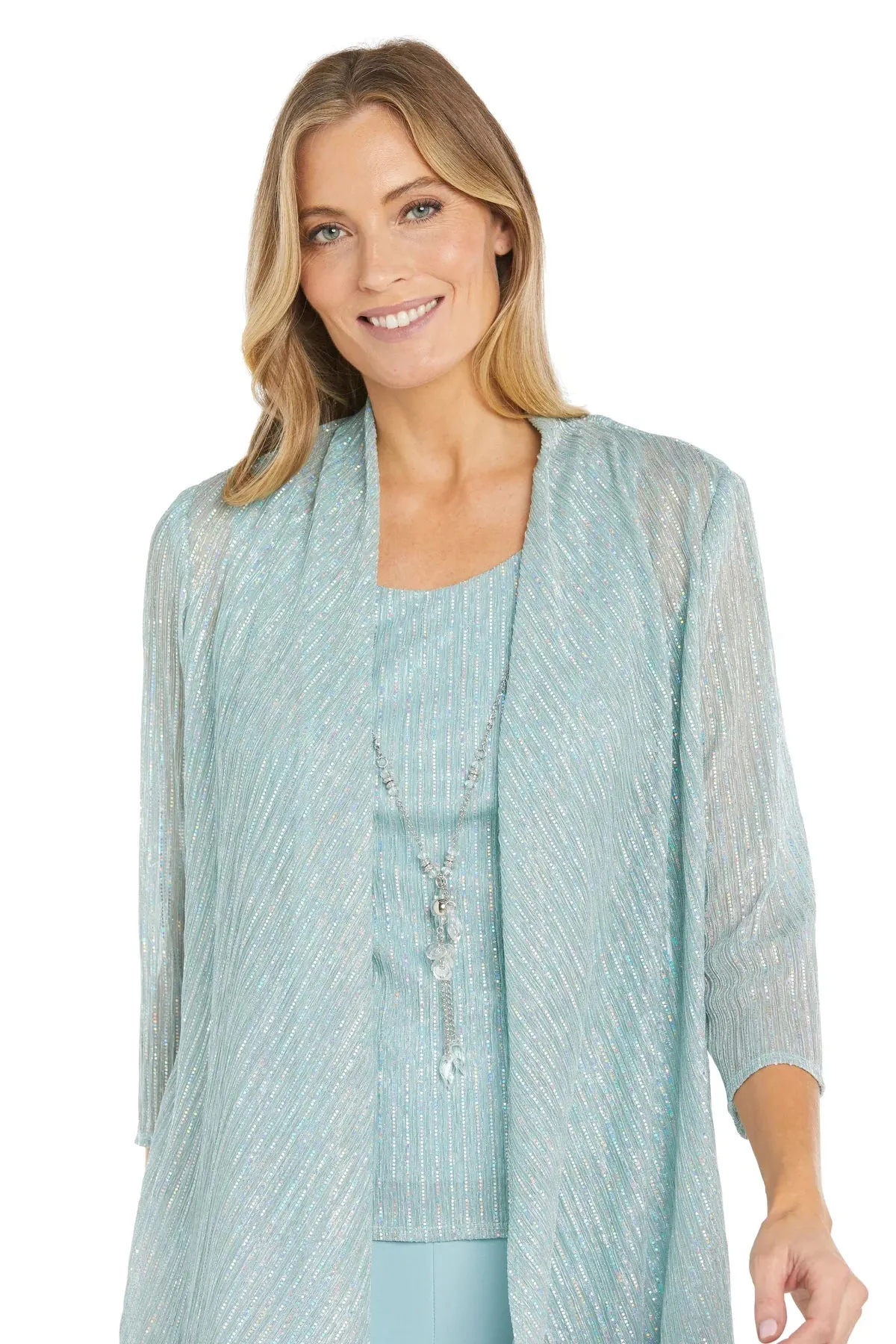 R&M Richards Women's Three Piece Metallic Crinkle Duster Mother of the Bride Pantsuit