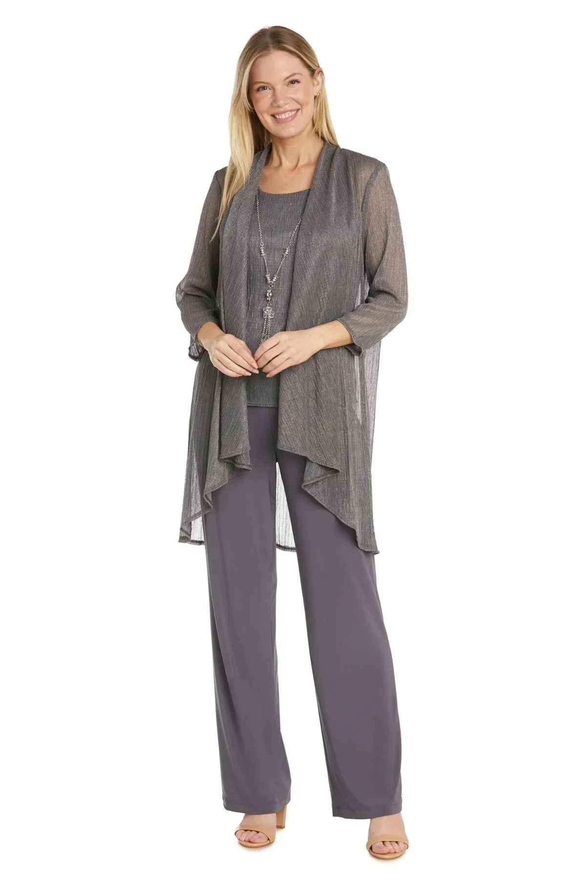 R&M Richards Women's Three Piece Metallic Crinkle Duster Mother of the Bride Pantsuit
