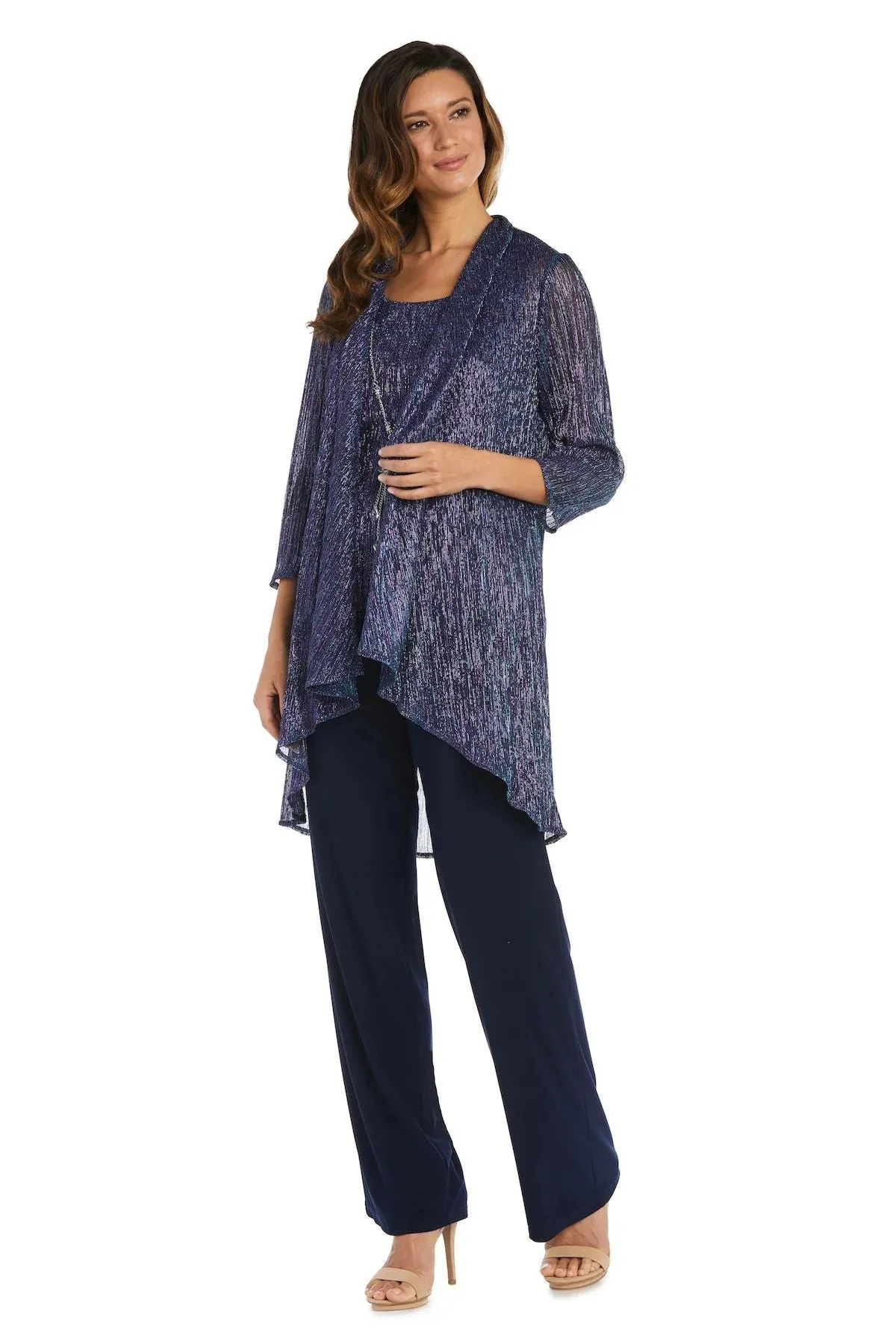 R&M Richards Women's Three Piece Metallic Crinkle Duster Mother of the Bride Pantsuit