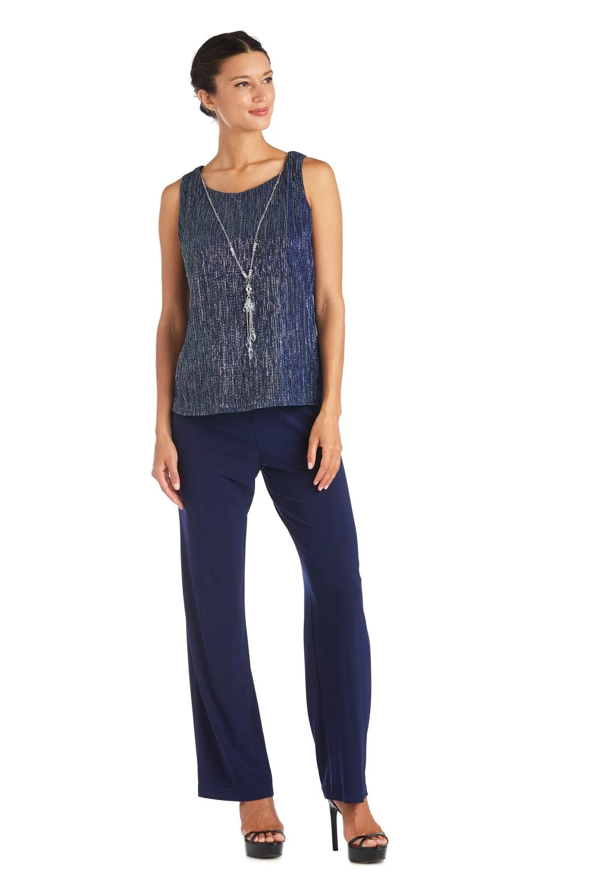 R&M Richards Women's Three Piece Metallic Crinkle Duster Mother of the Bride Pantsuit